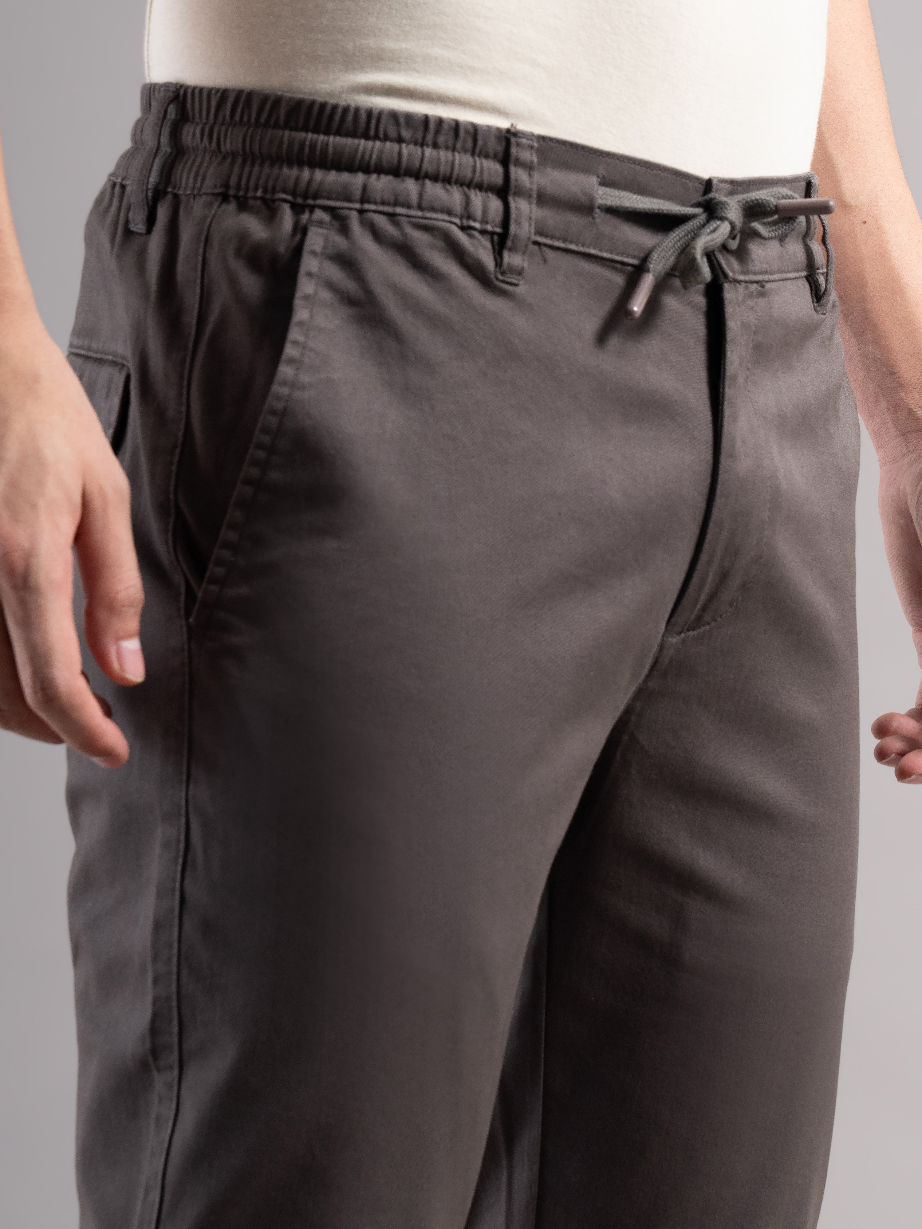 Men Grey Elastic Drawstring Trousers