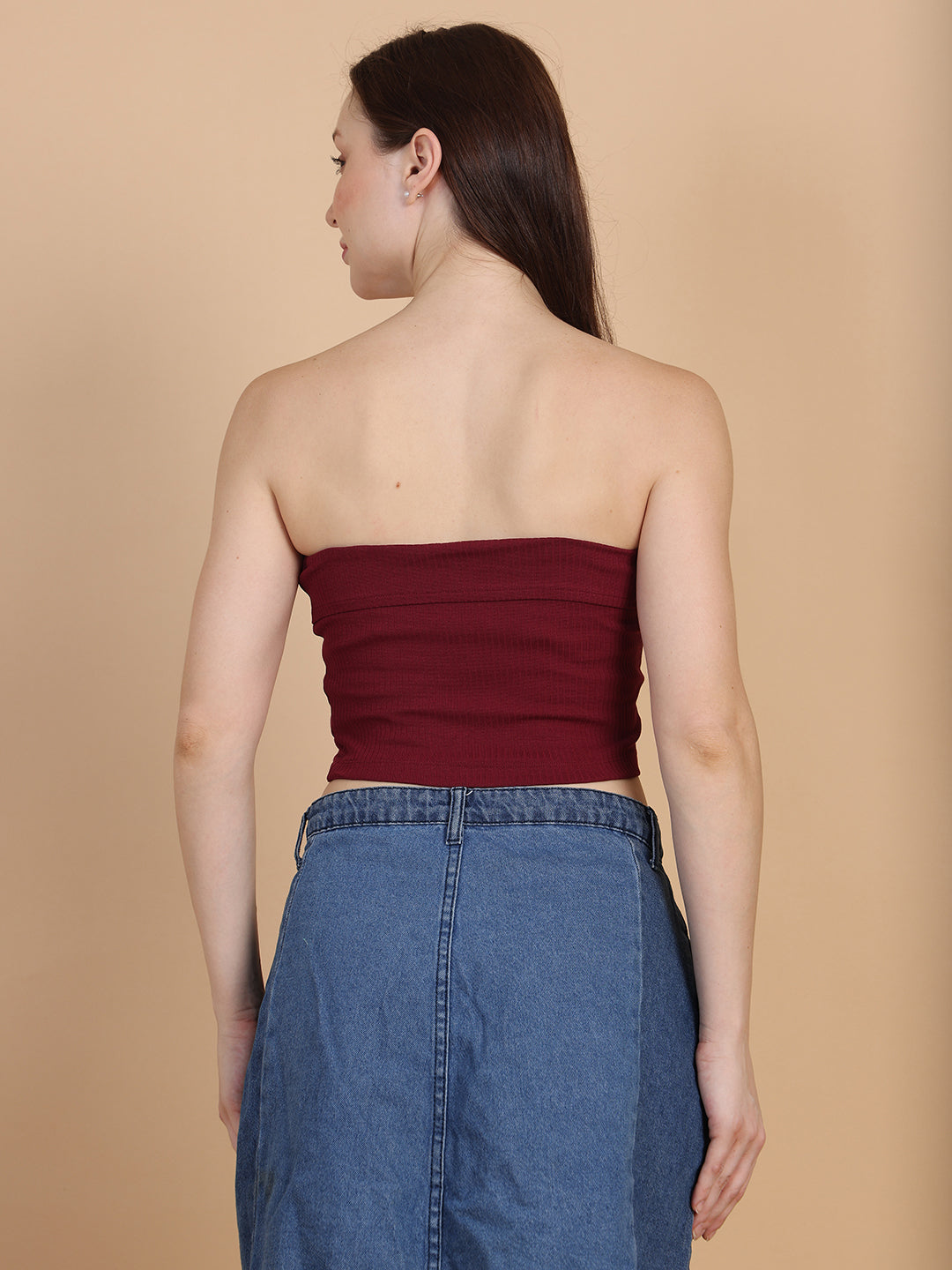 Women Burgundy Over Fold Tube Top