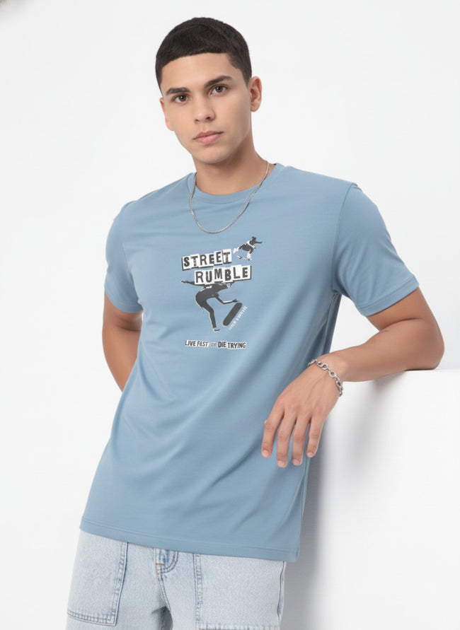 Men Cotton Ice Blue T-Shirt