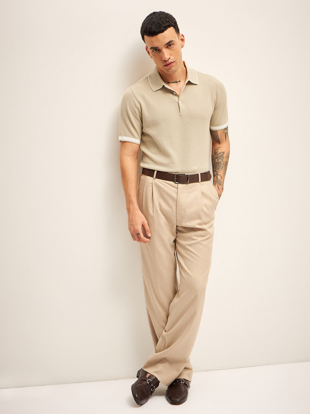 Men Beige Self Design Regular Fit Polo T-Shirt