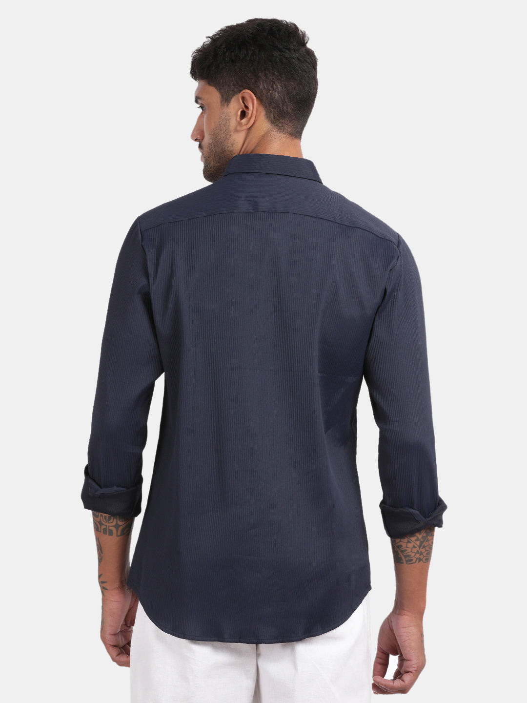 Men Navy Slim Fit Spread Collar Full Sleeve Casual Shirt