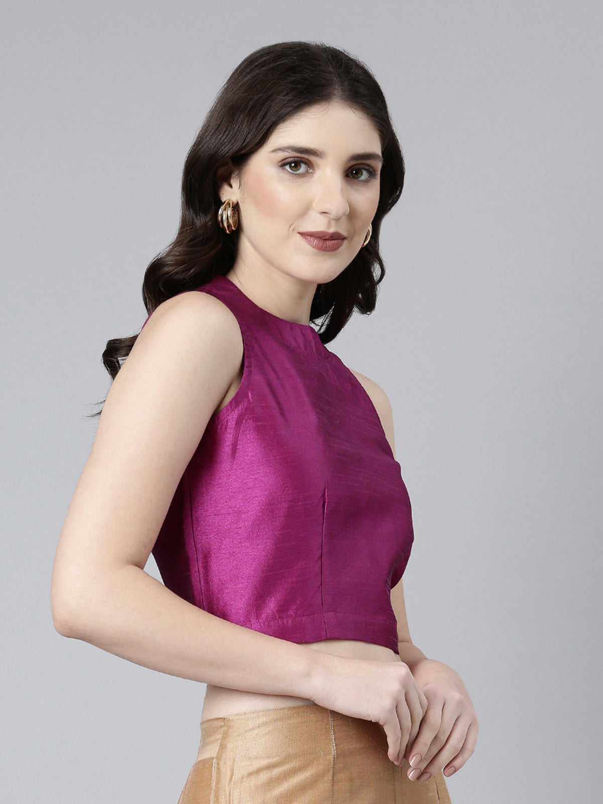 Purple Solid Sleeveless Mandarin Collar Dupion Silk Knot Blouse