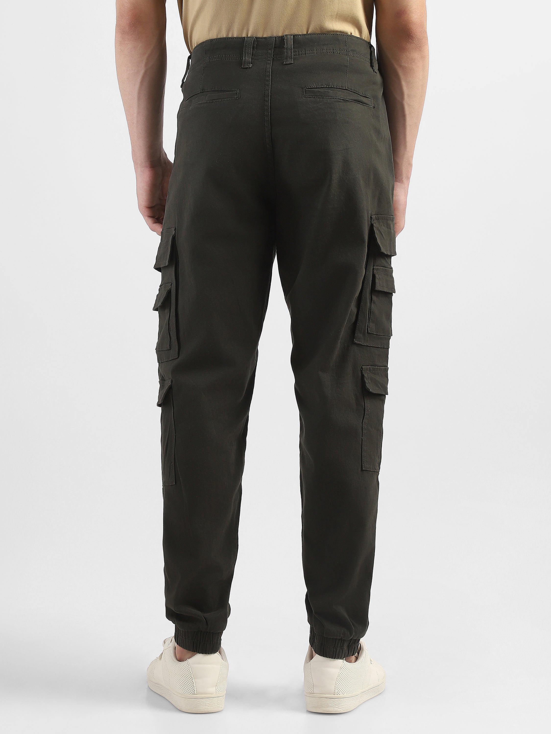 Men Olive Cotton Blend Cargo Pants with 12 pockets
