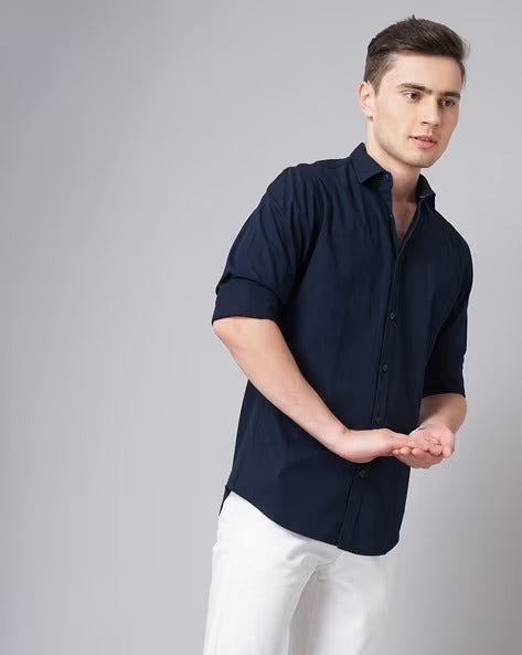 Men Blue Spread Collar Shirt