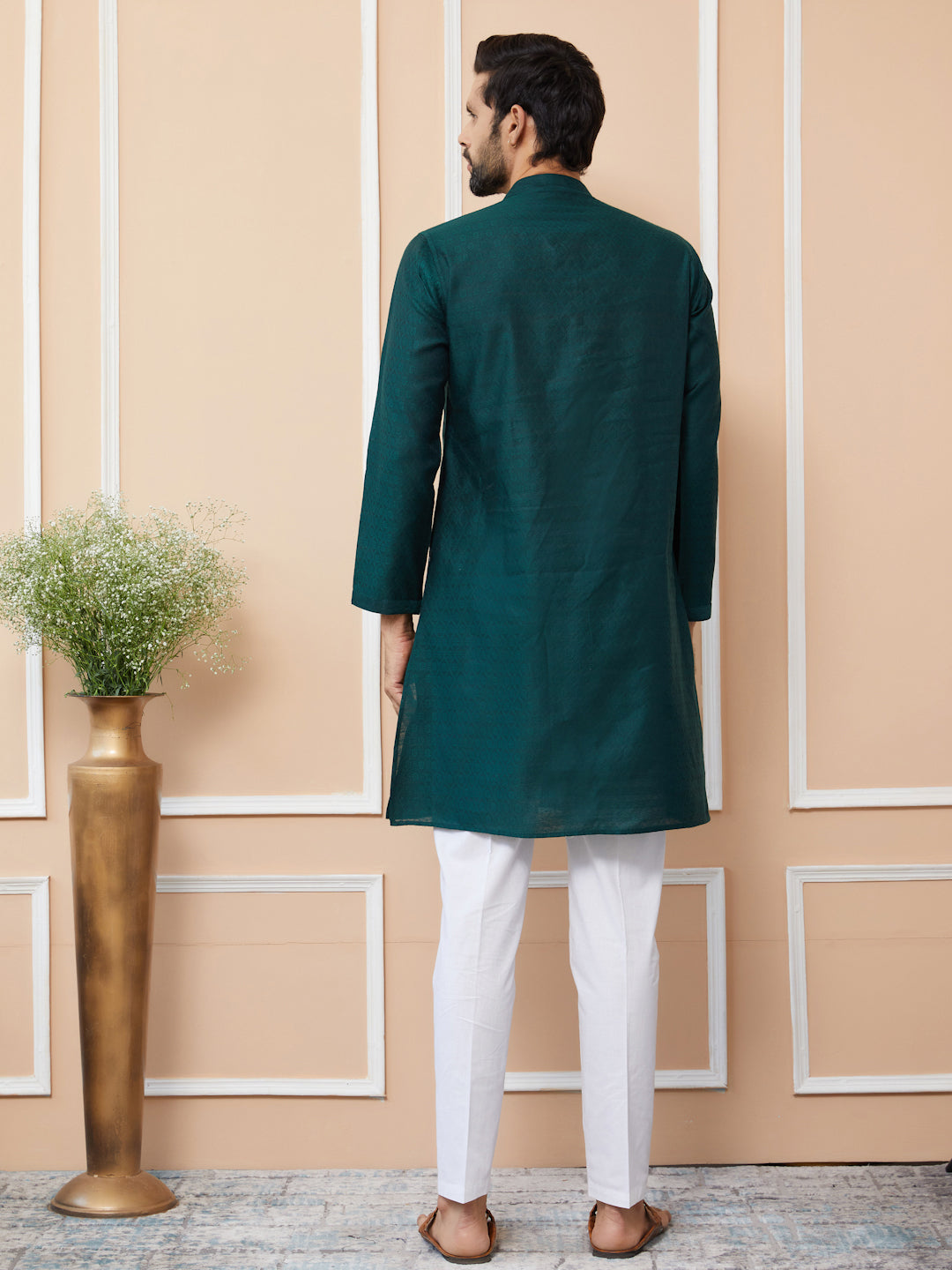 Men Green Ethnic Motifs Silk Jacquard Woven Design Straight Kurta
