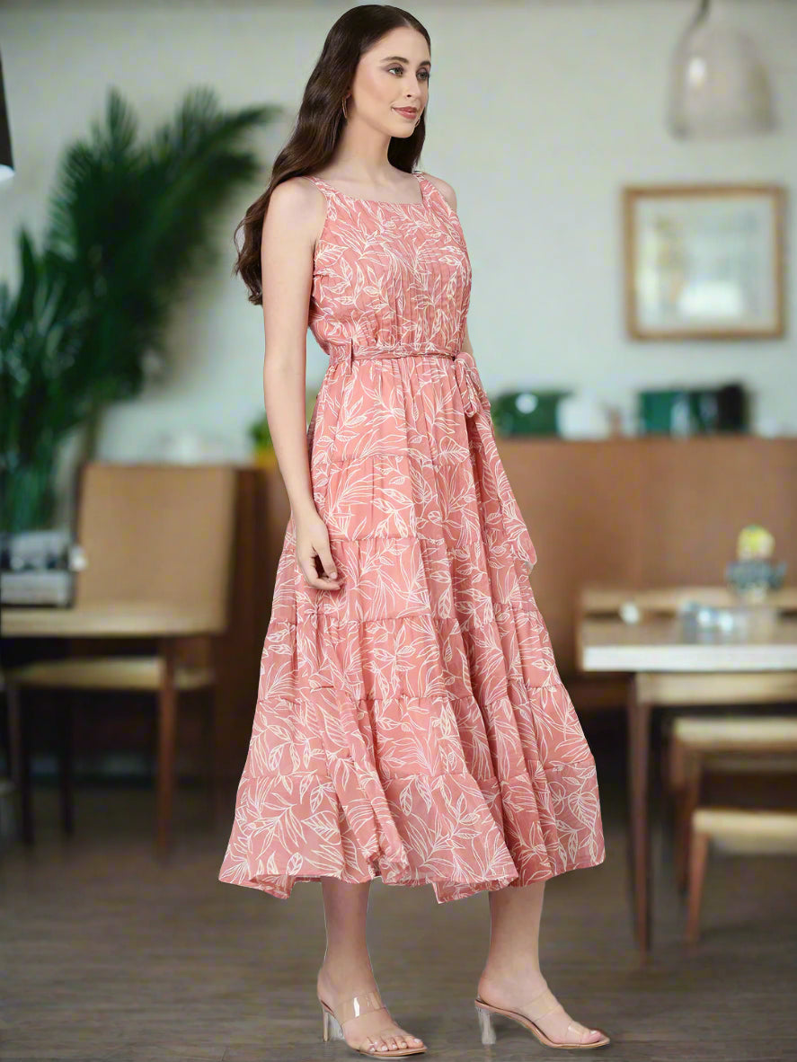 Women Peach Floral Fit & Flare Maxi