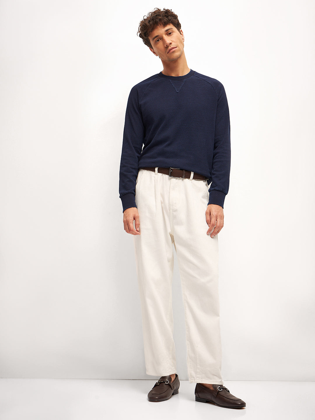 Men Blue Self Design Regular Fit Crew Neck T-Shirt