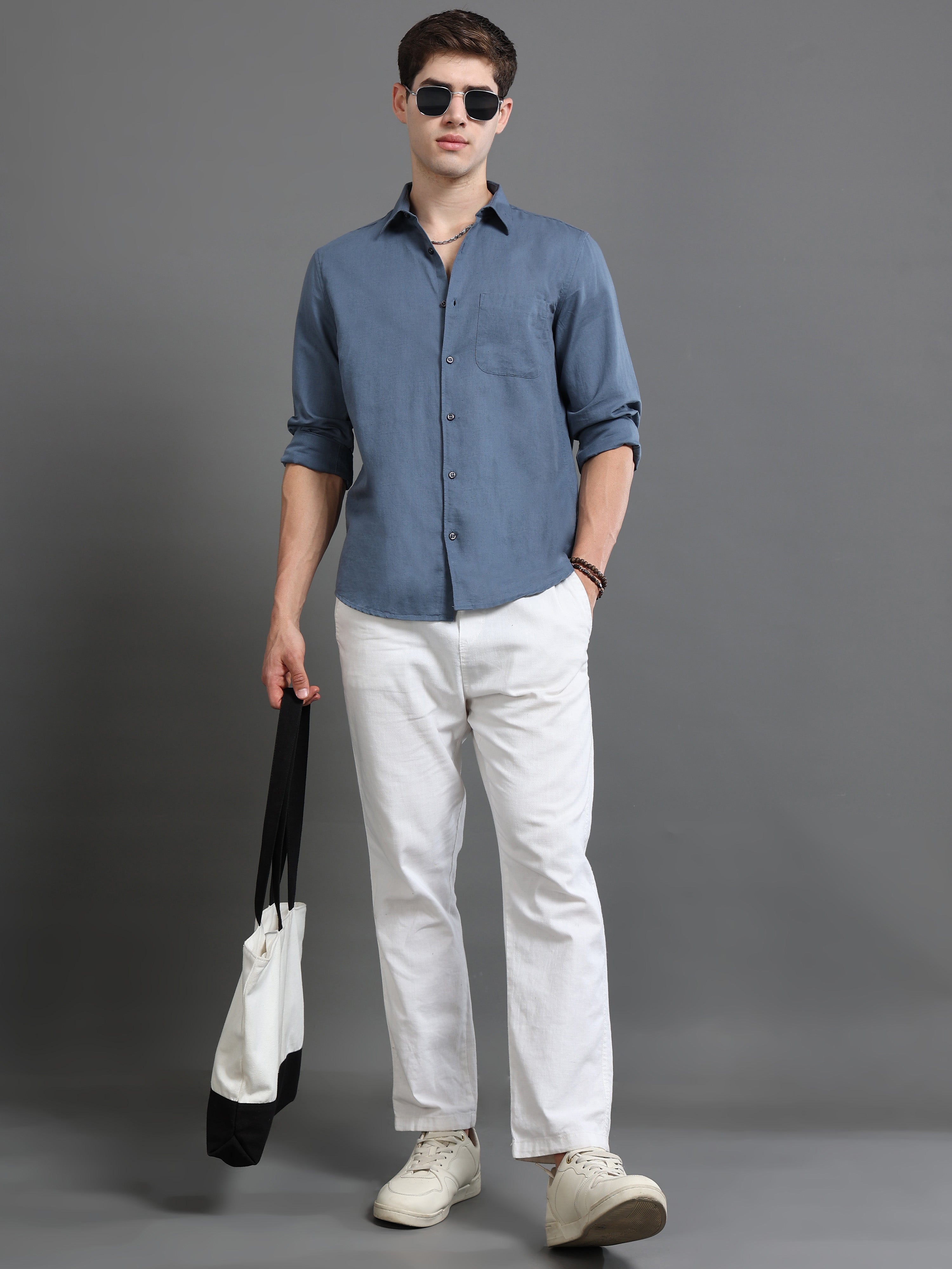 Men Blue Cotton Linen Slim Fit Shirt