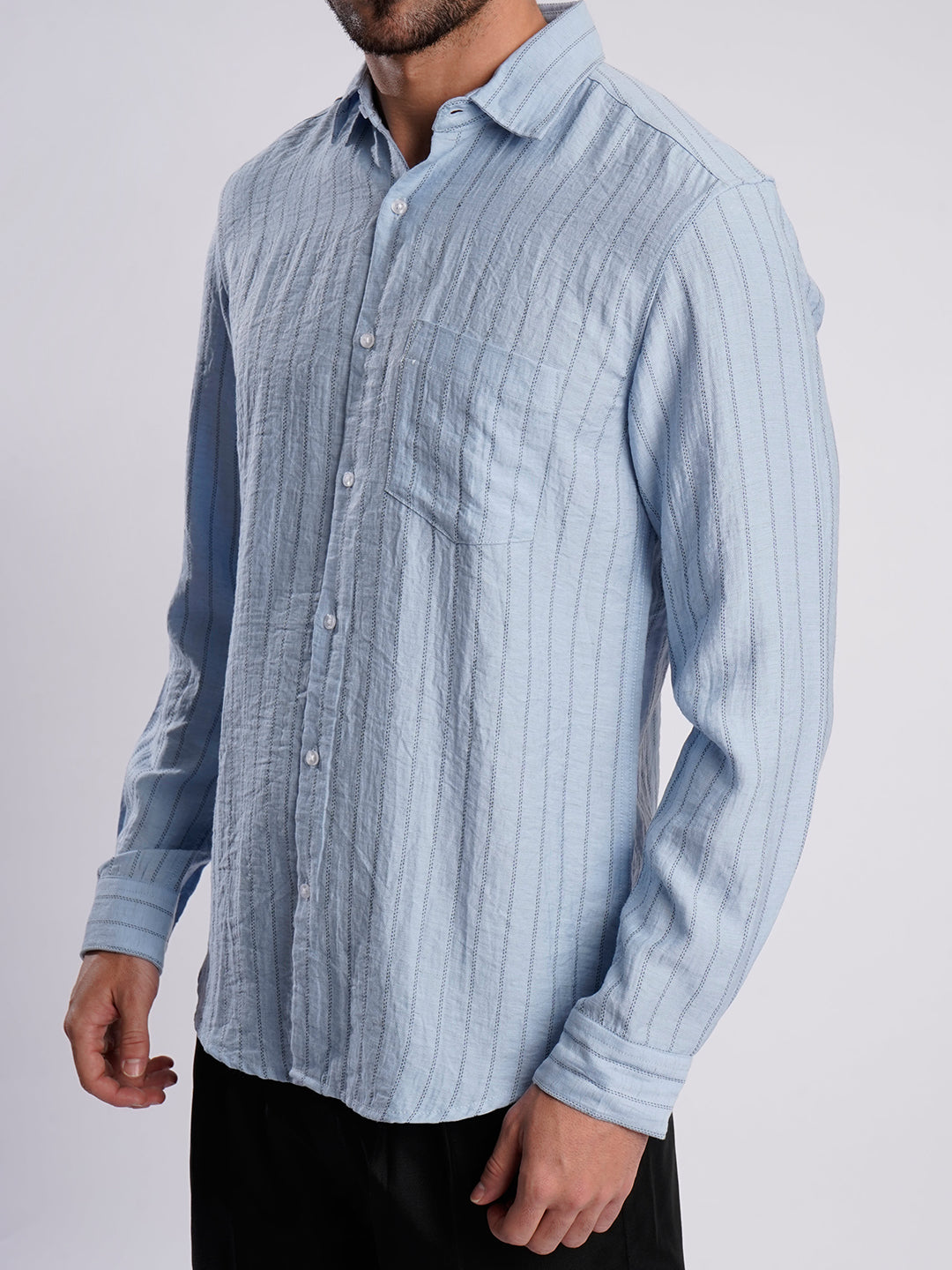 Men Blue Striped Single Pocket Shirt
