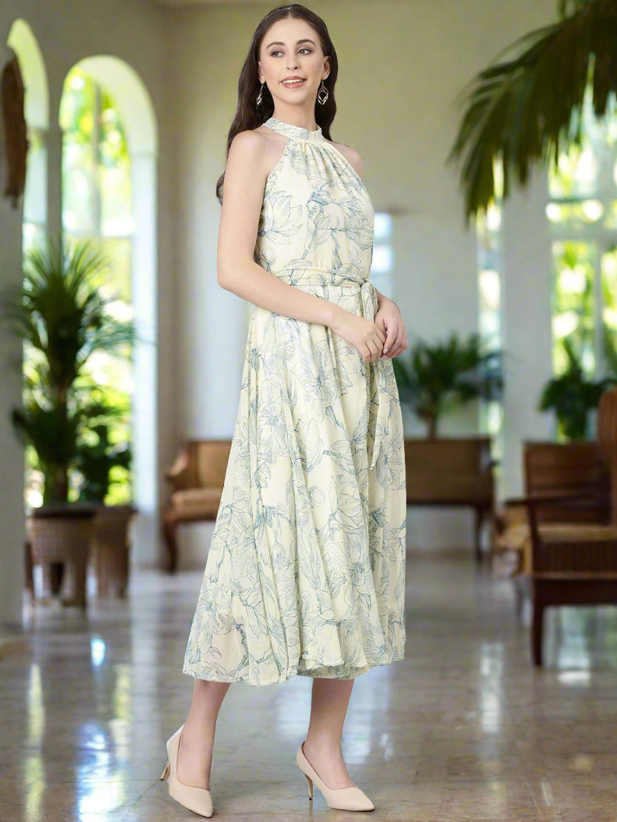 Women Cream Floral Chiffon Maxi Dress