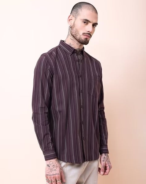 Men Burgundy Striped Shirt