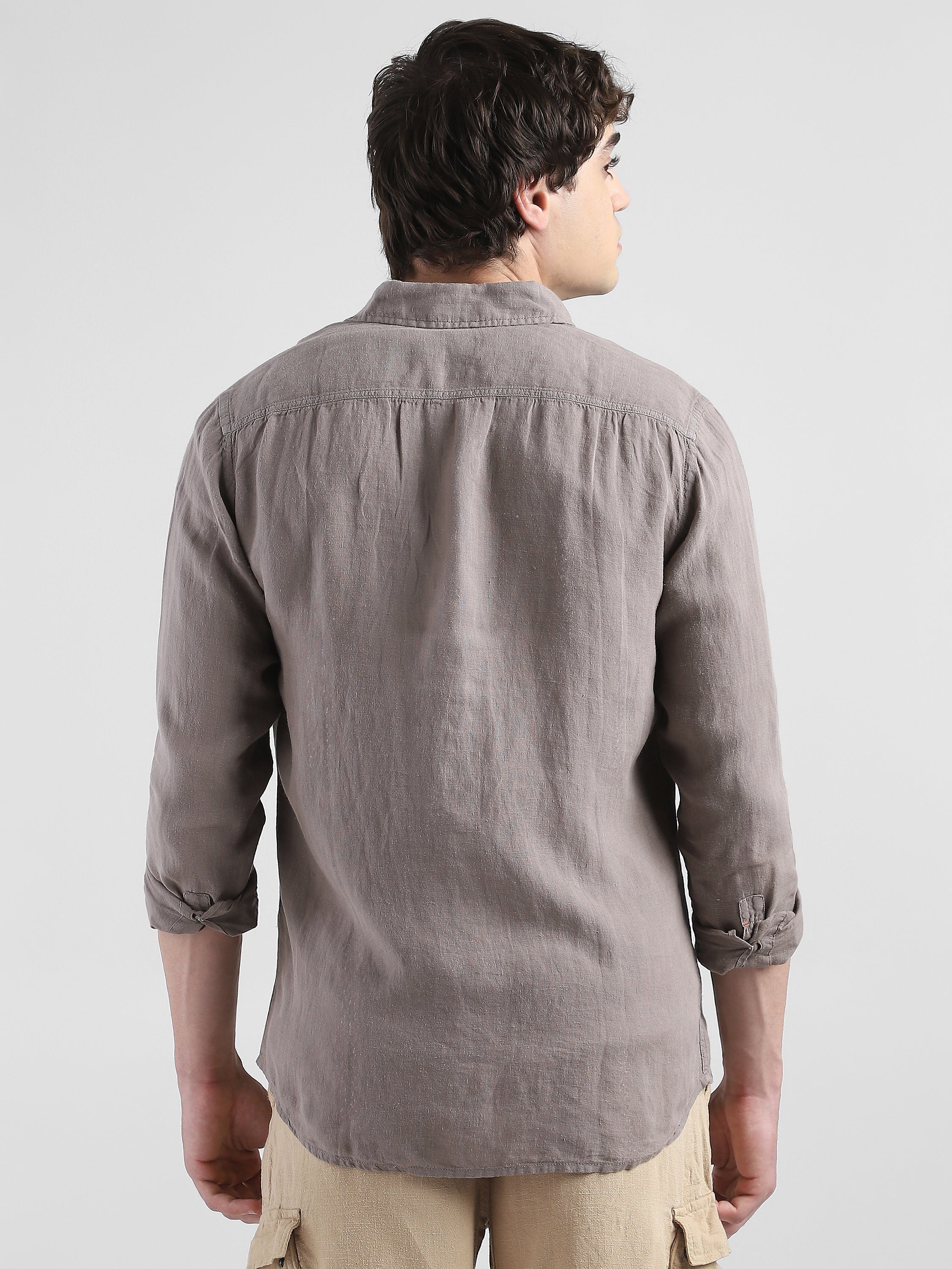 Men 100% Linen Brown Regular Fit Shirt