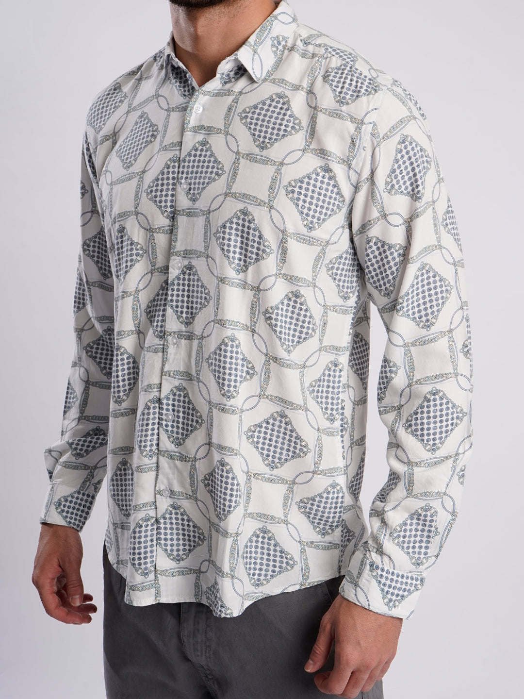 Men White and Blue Abstract Printed Shirt