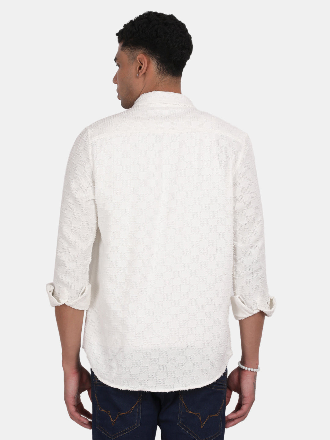 Men White Slim Fit Spread Collar Full Sleeve Casual Shirt