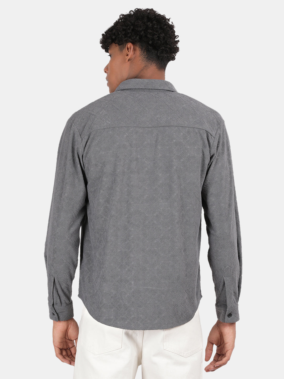 Men Grey Slim Fit Spread Collar Full Sleeve Casual Shirt