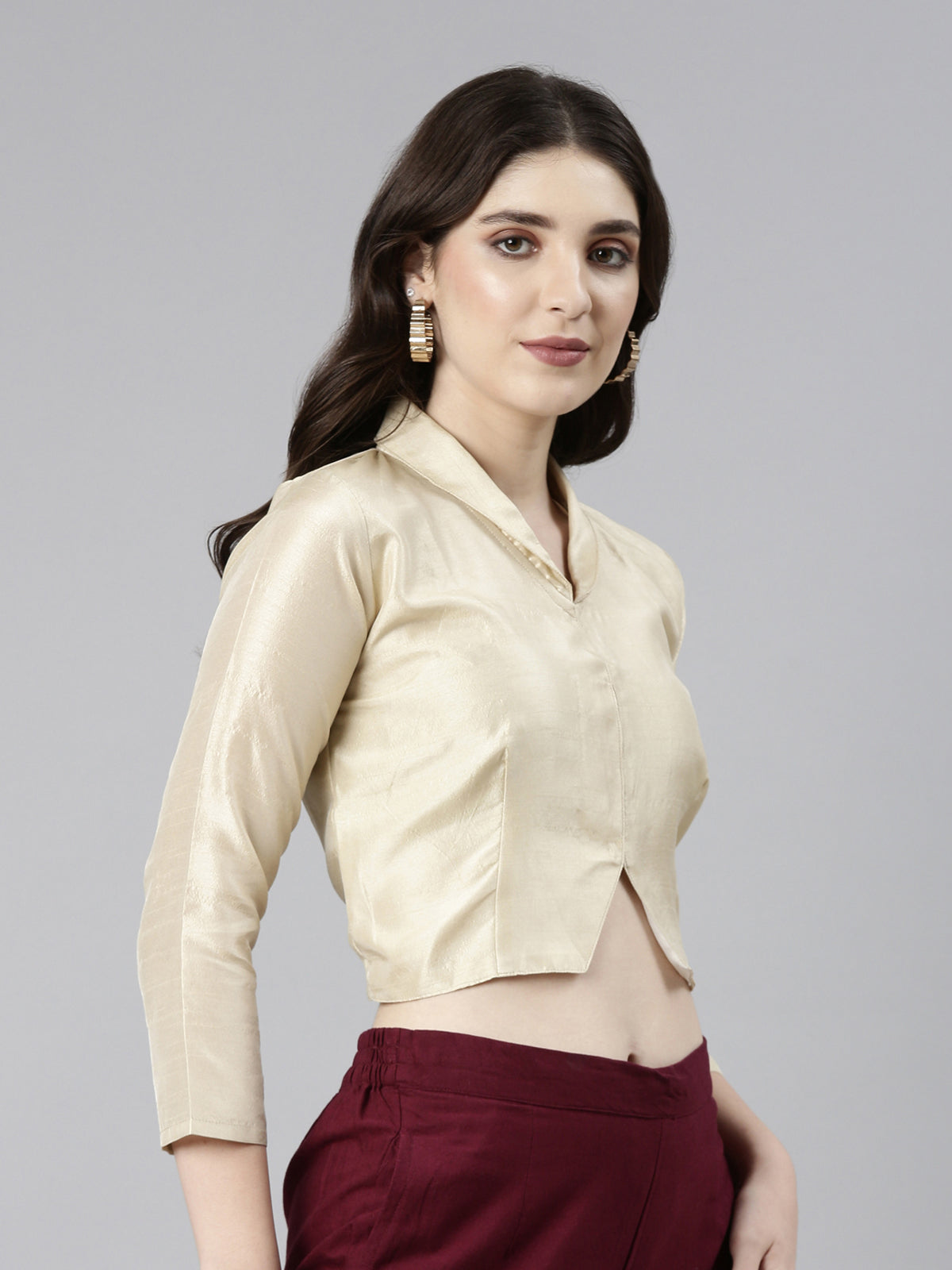 Beige Solid Three-Quarter Sleeves Mandarin Collar Dupion Silk Knot Blouse