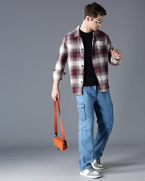 Men Burgundy Oversized Fit Shacket