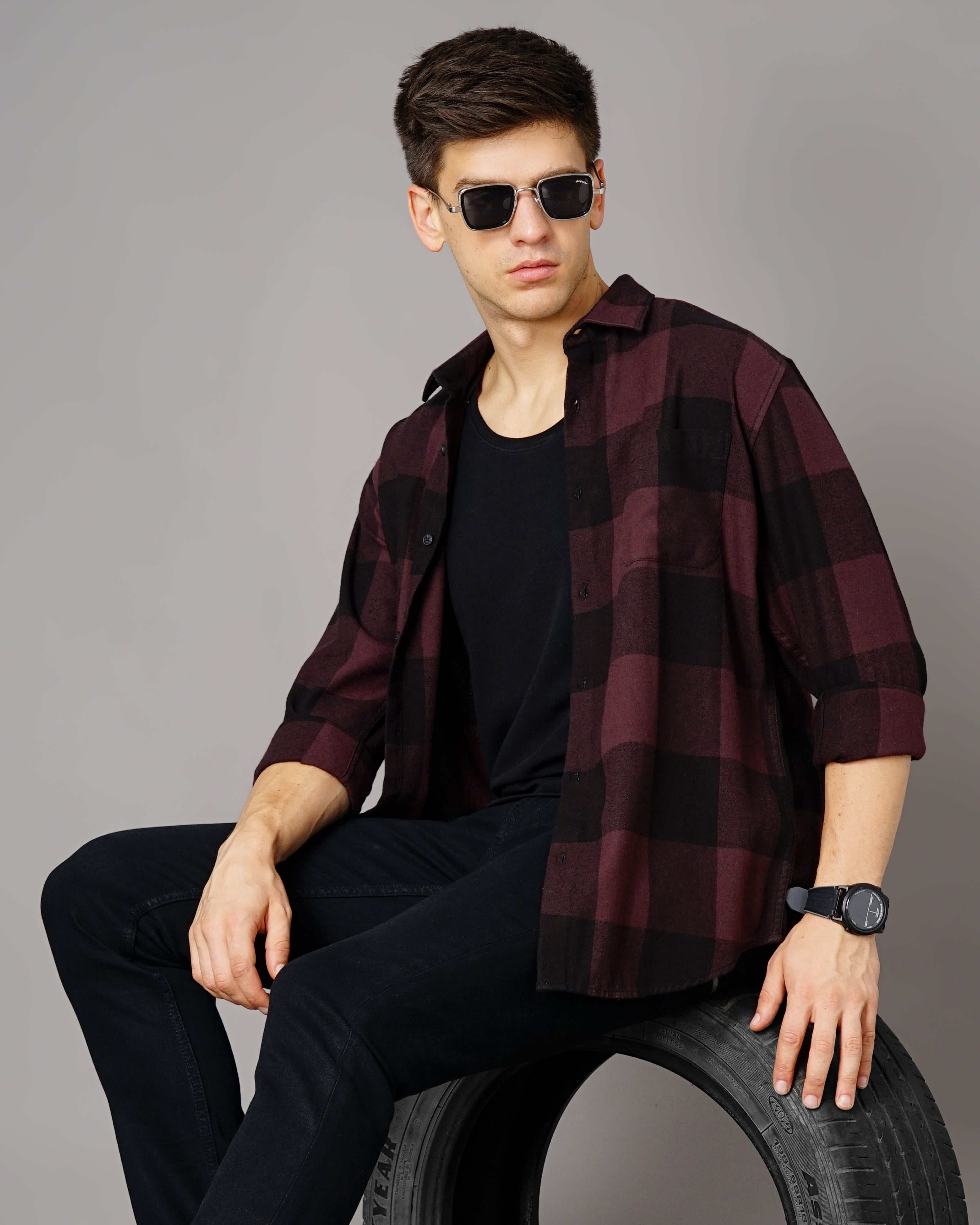 Men Purple Cotton Slim Shirt