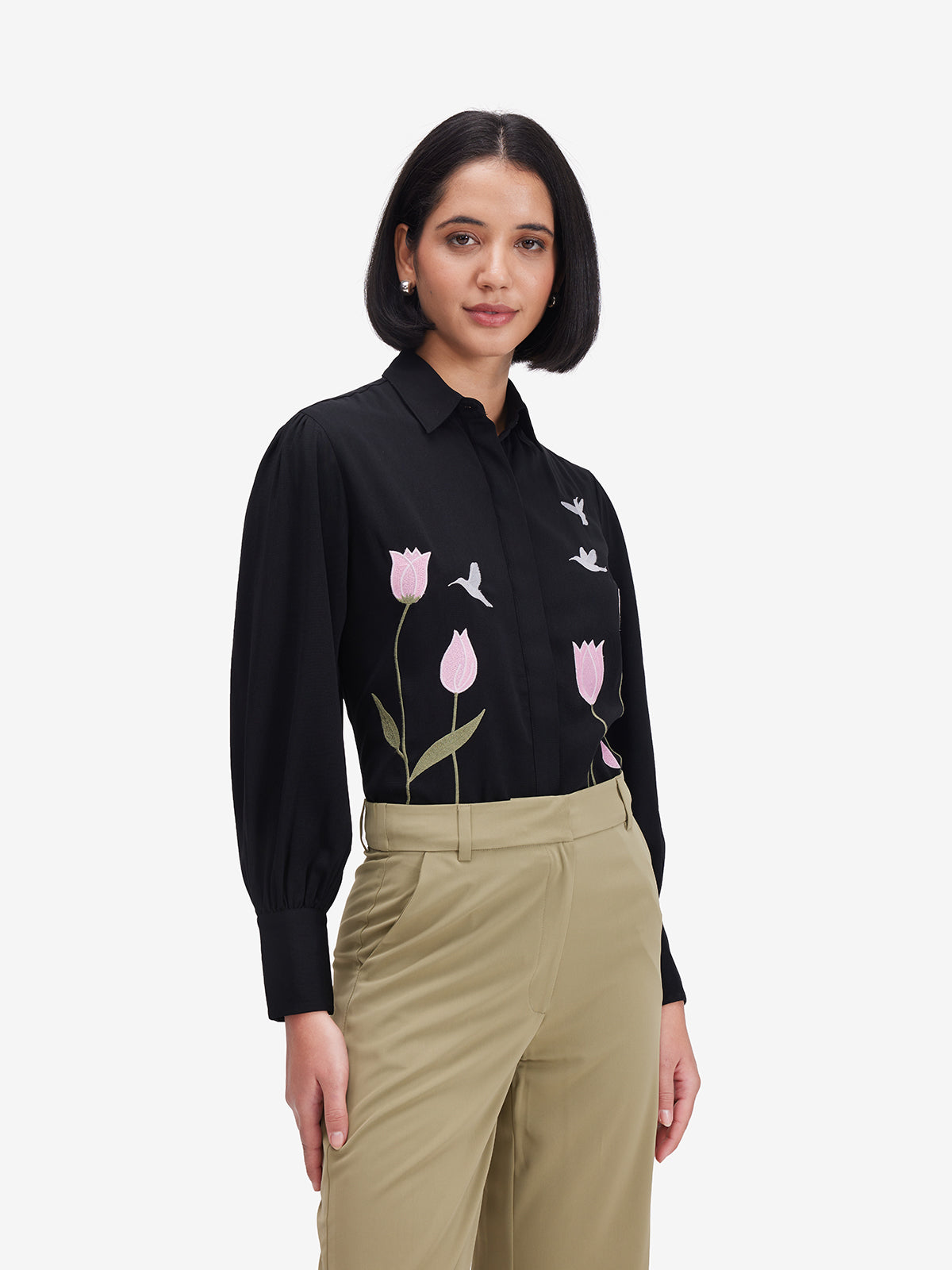 Women Black Luxe Floral Embroidered Shirt