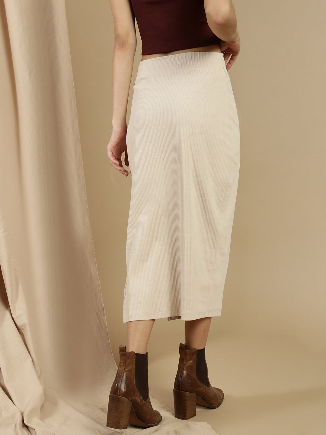 Women Beige Cotton Lycra Skirt