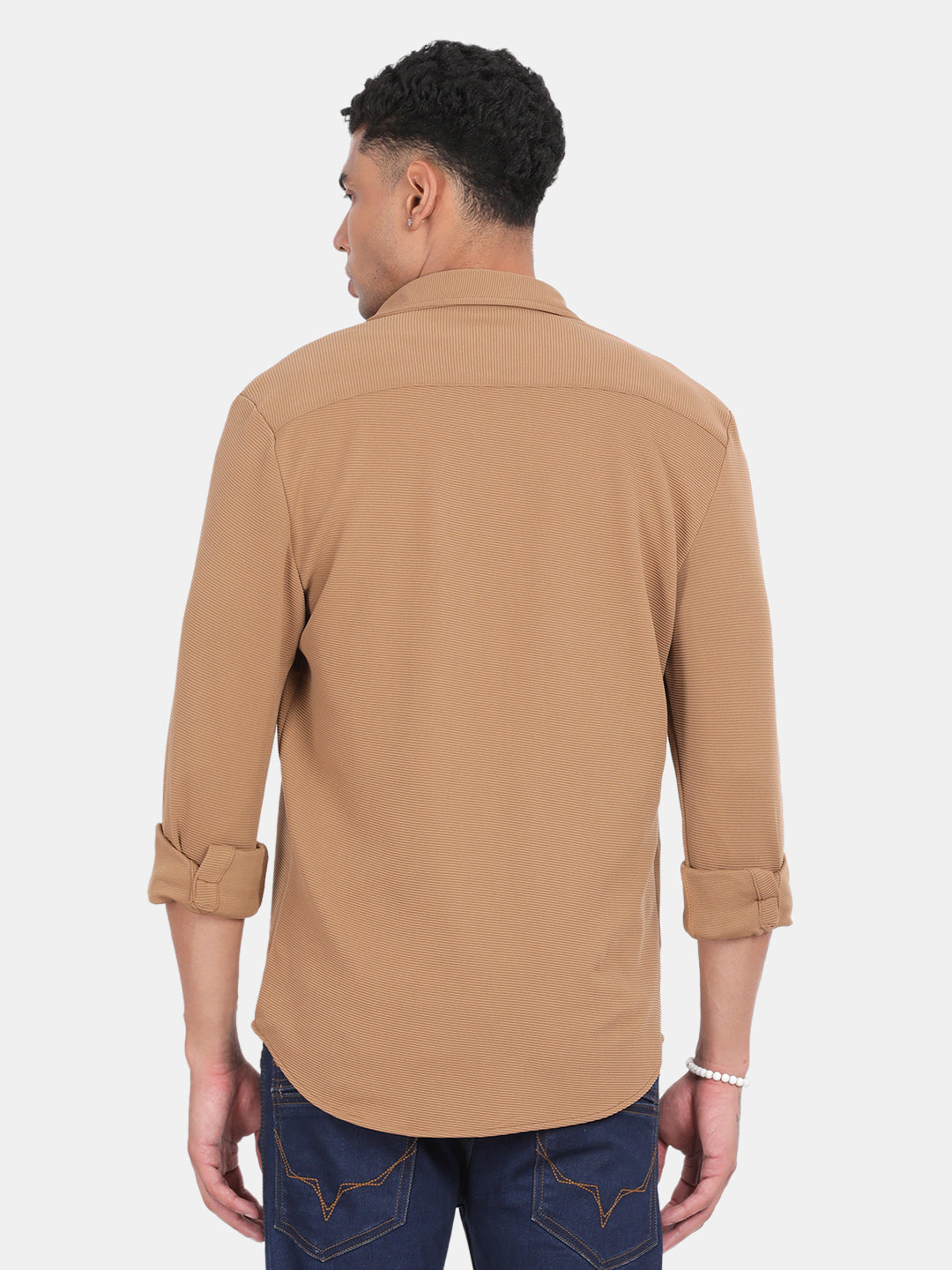 Men Khaki Slim Fit Spread Collar Full Sleeve Casual Shirt
