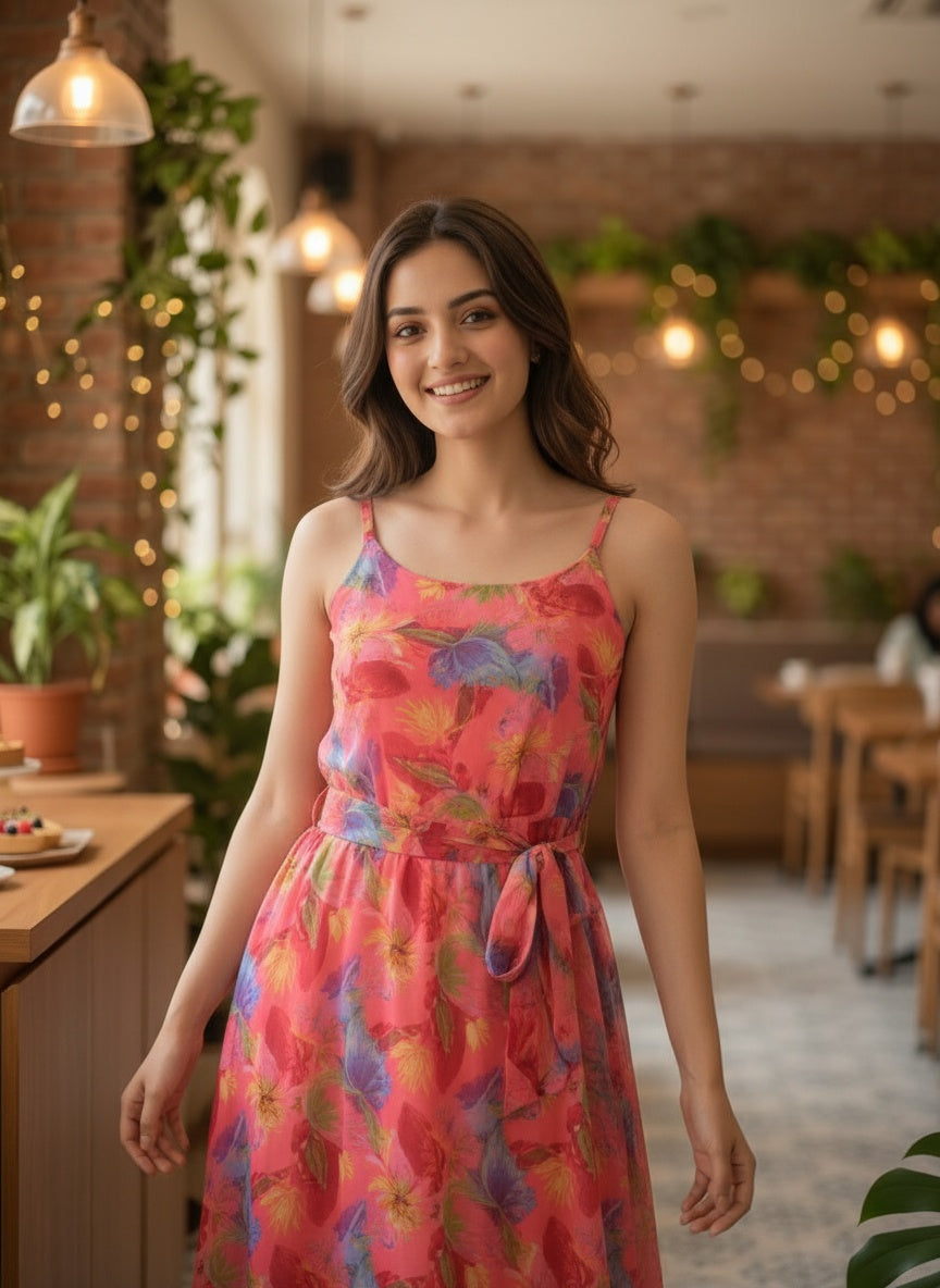 Women Floral Chiffon Midi Dress