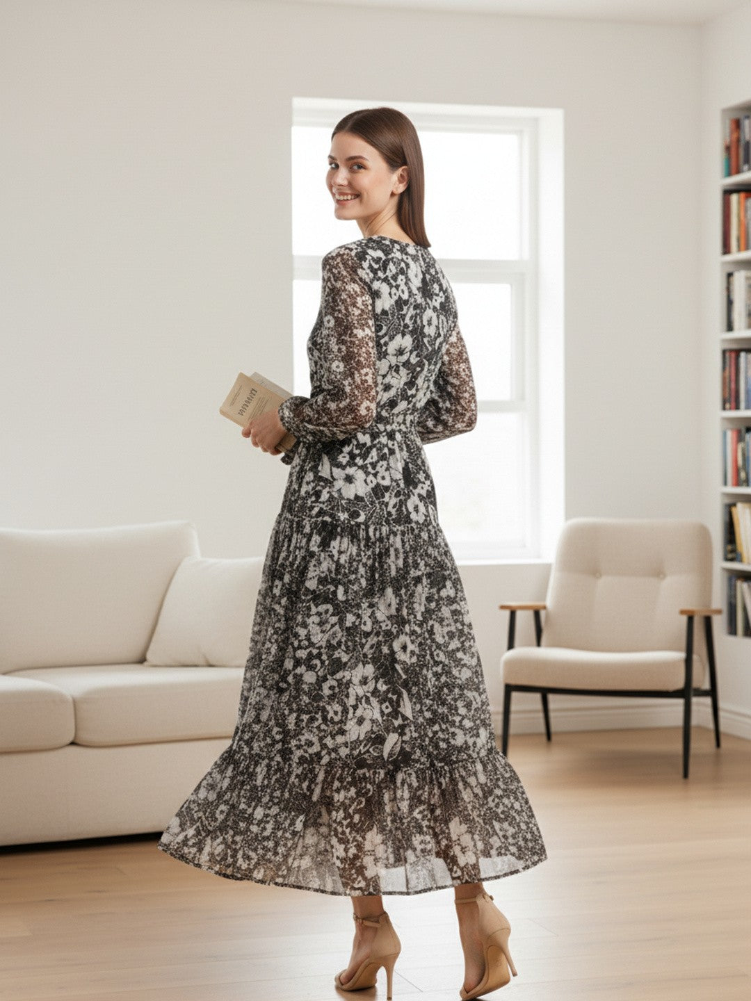 Women Floral Chiffon Flared Midi Dress