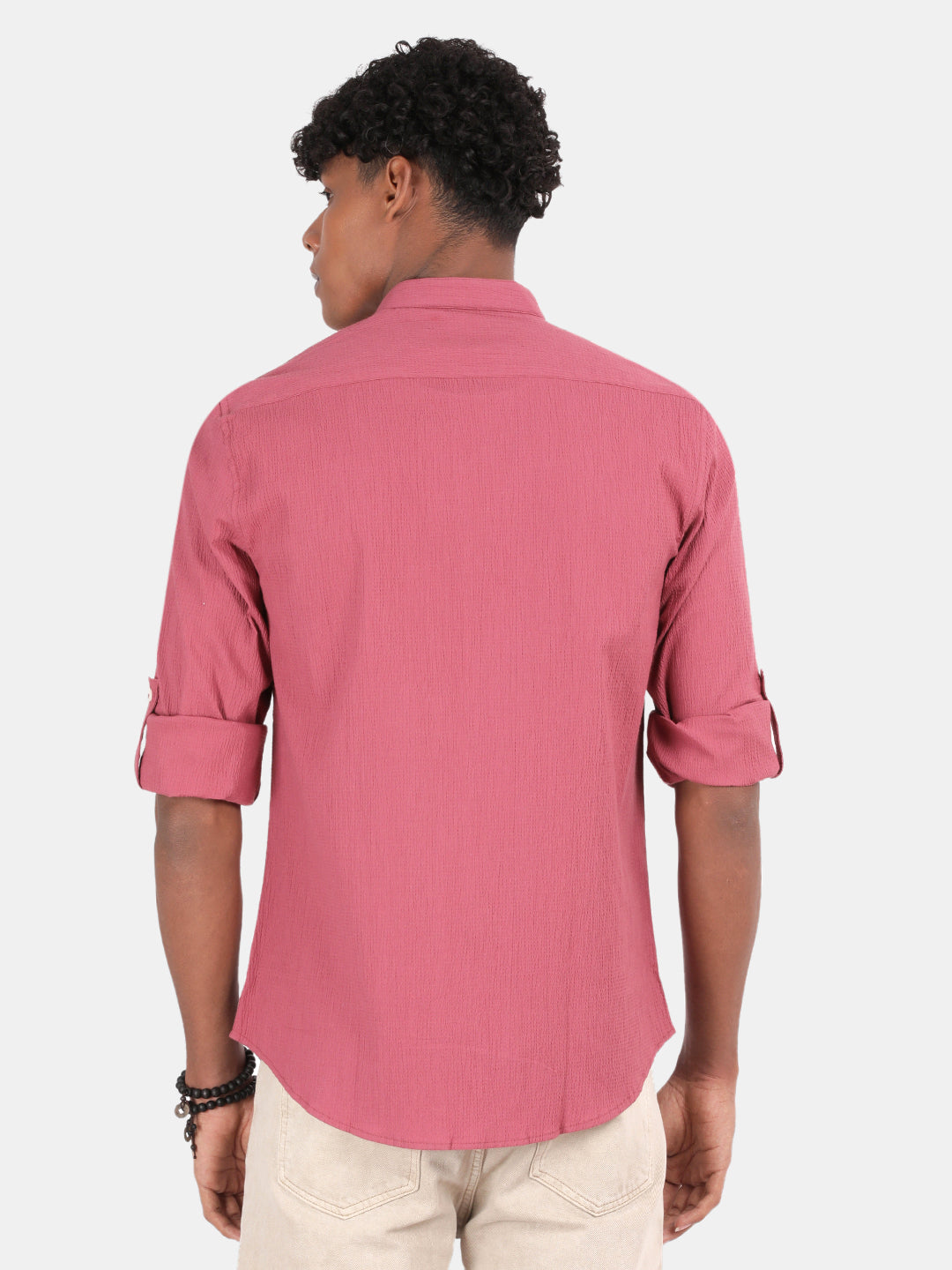 Men Pink Slim Fit Mandarin Collar Full Sleeve Casual Shirt