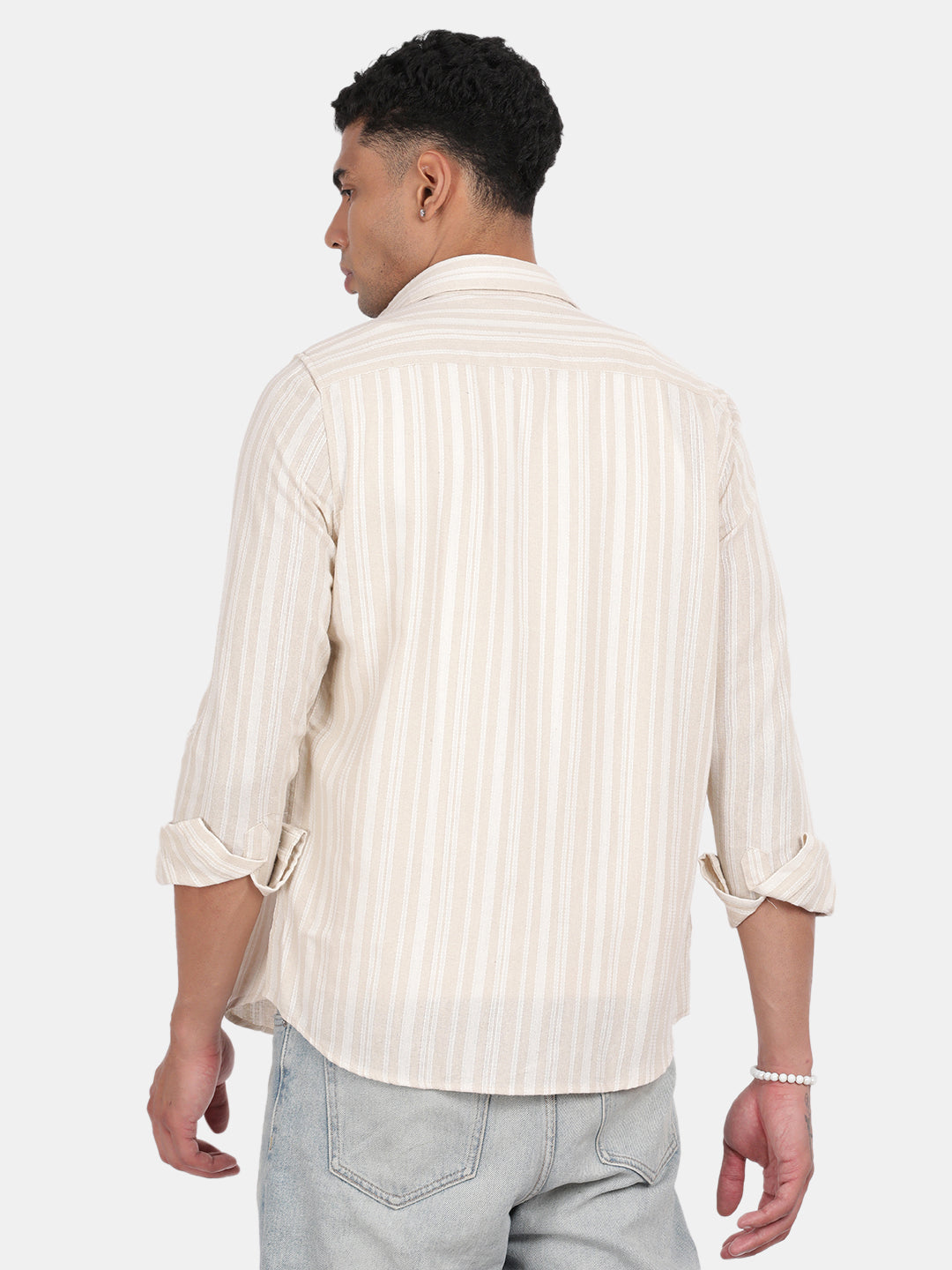 Men Cream Slim Fit Spread Collar Full Sleeve Casual Shirt