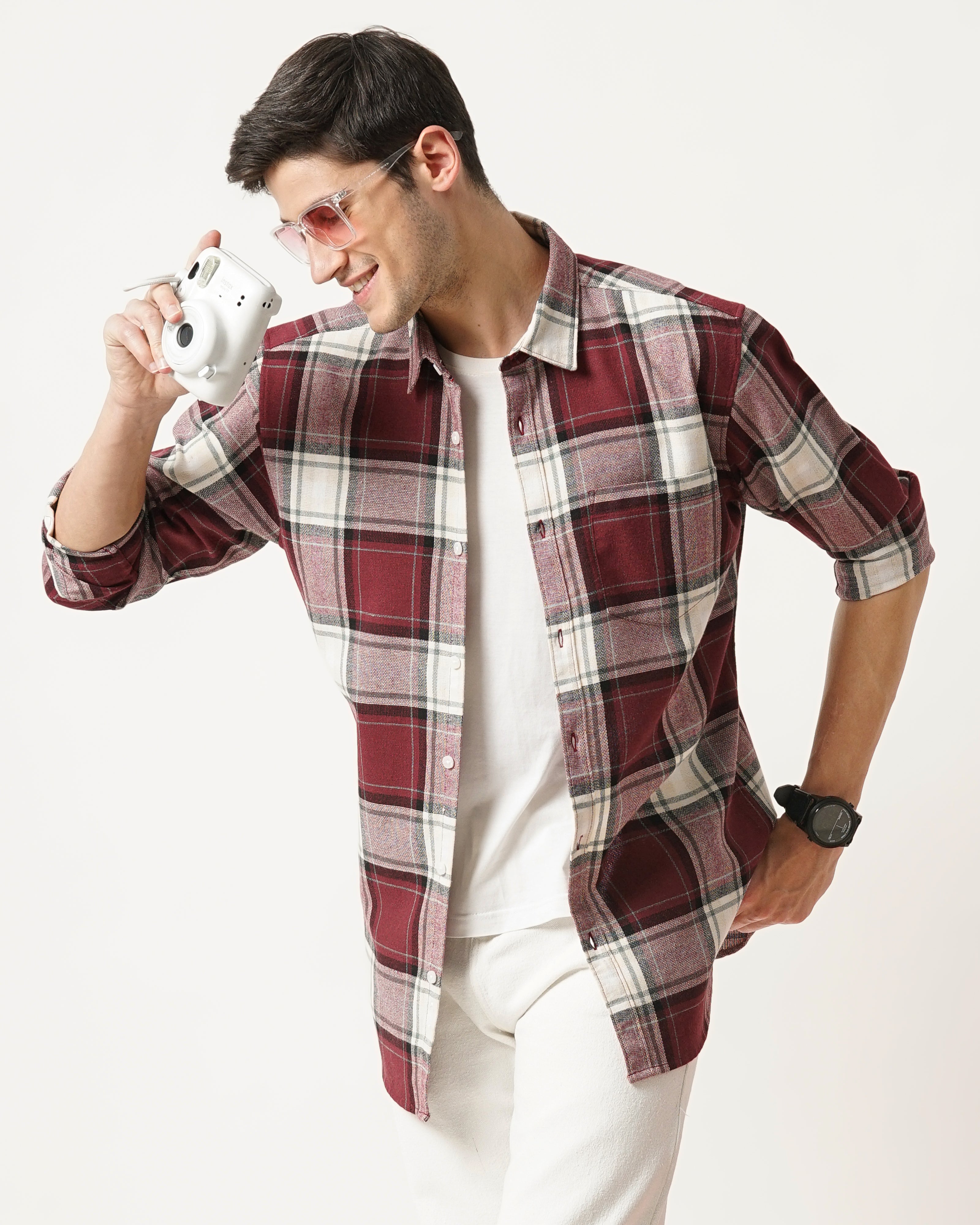 Men Red Cotton Slim Shirt