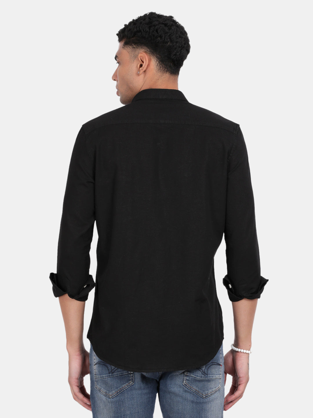 Men Black Slim Fit Spread Collar Full Sleeve Casual Shirt