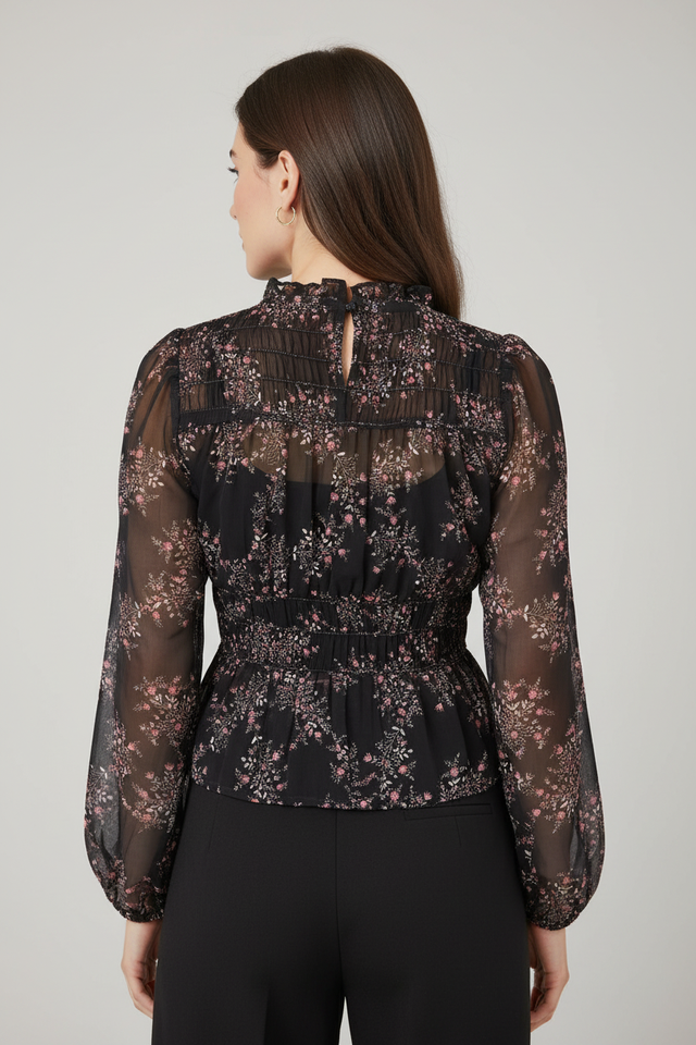 Women Polyester Black Floral Sheer Peplum Top
