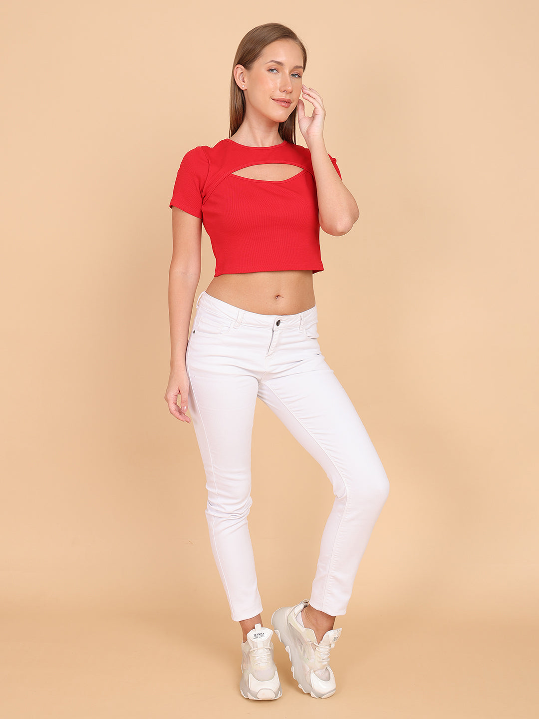 Women Red Cut-Out Crop Top