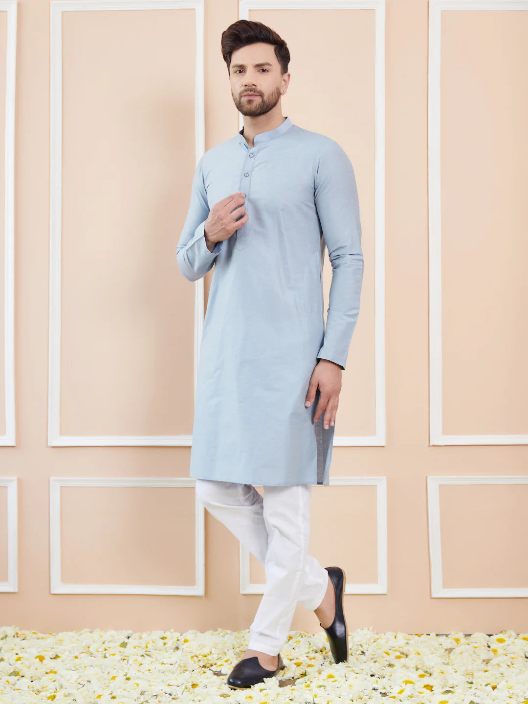 Men Blue Cotton Solid Straight Kurta