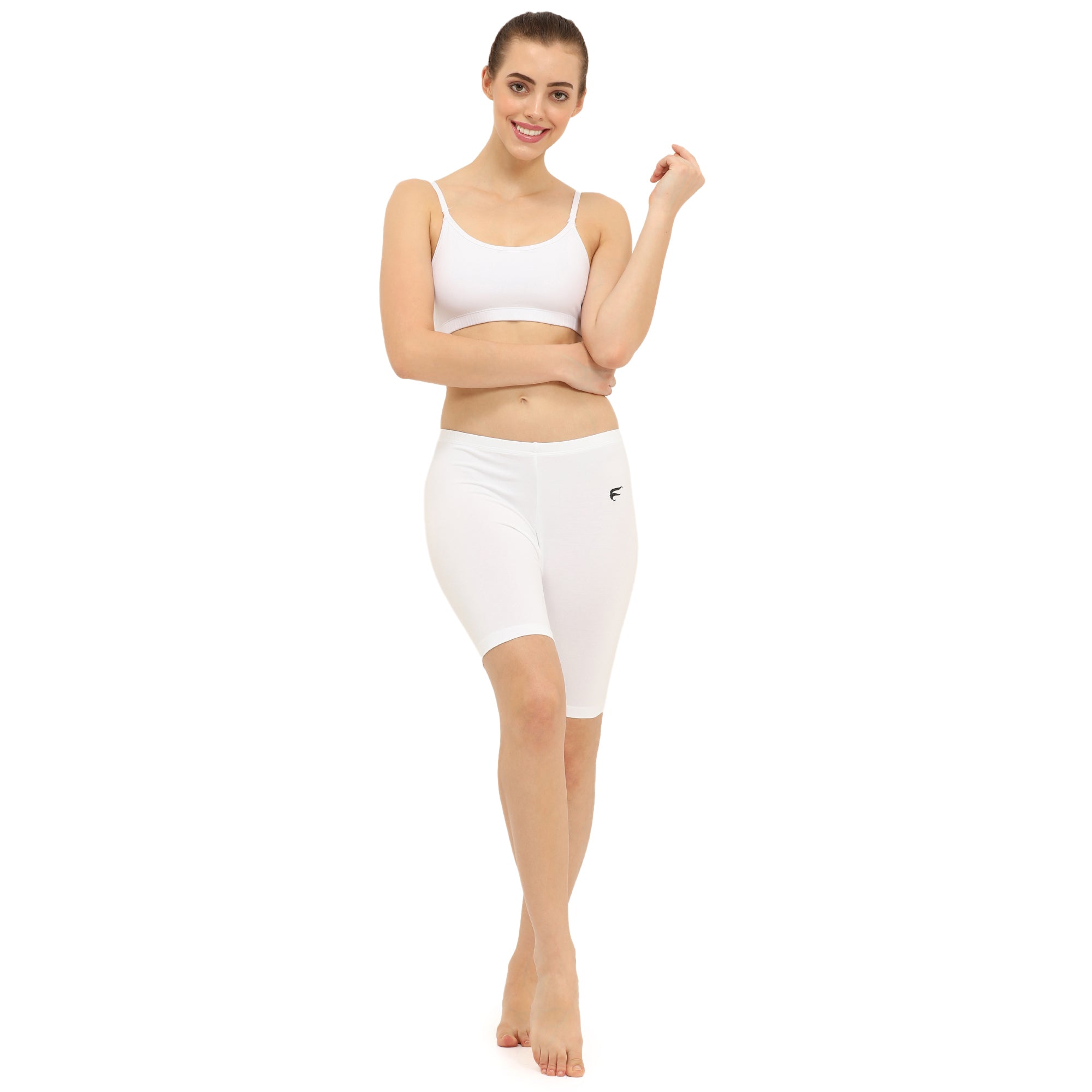 Women White Thigh Length Cycling Shorts