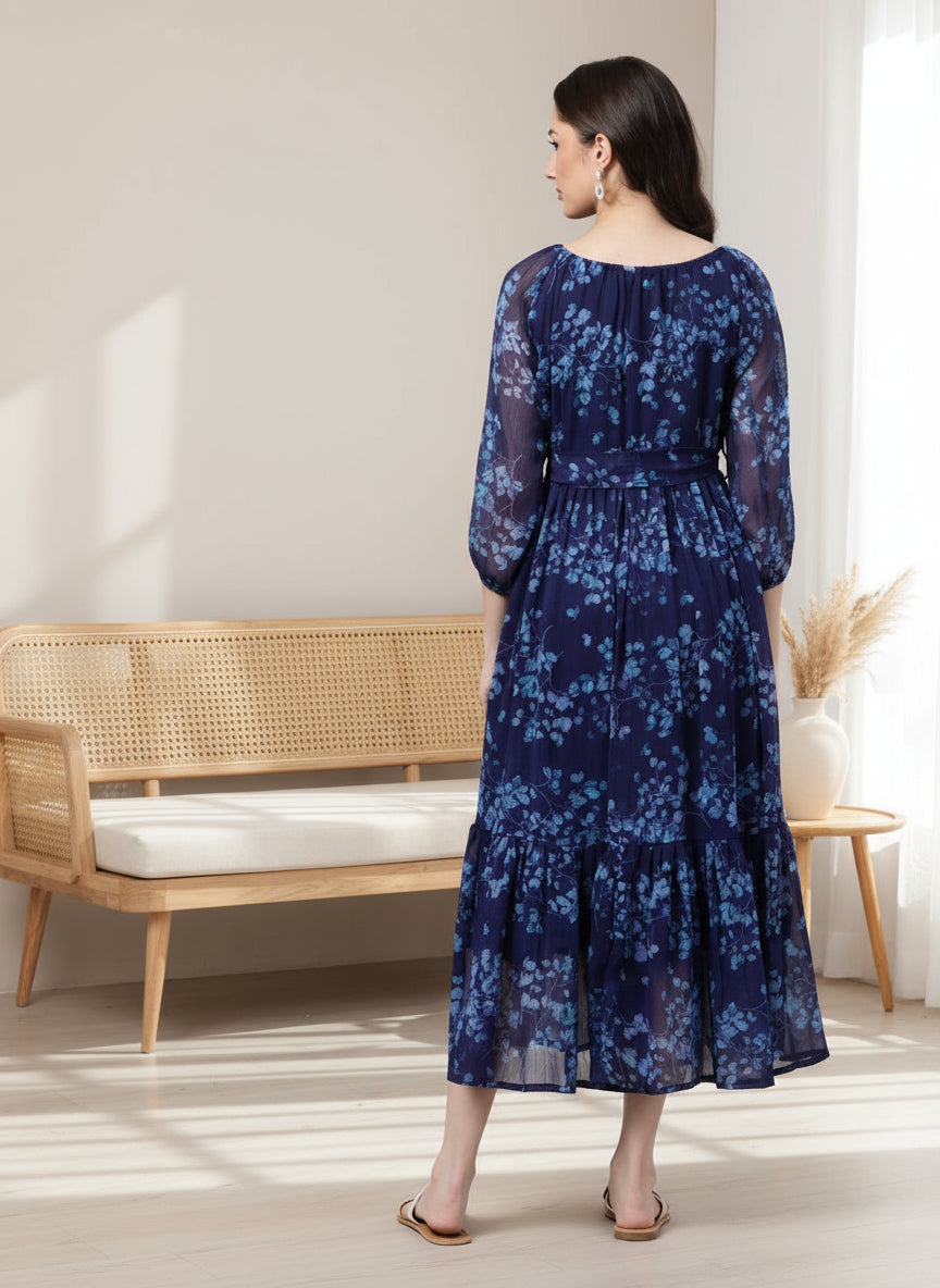 Women Bloom Navy Chiffon Dress