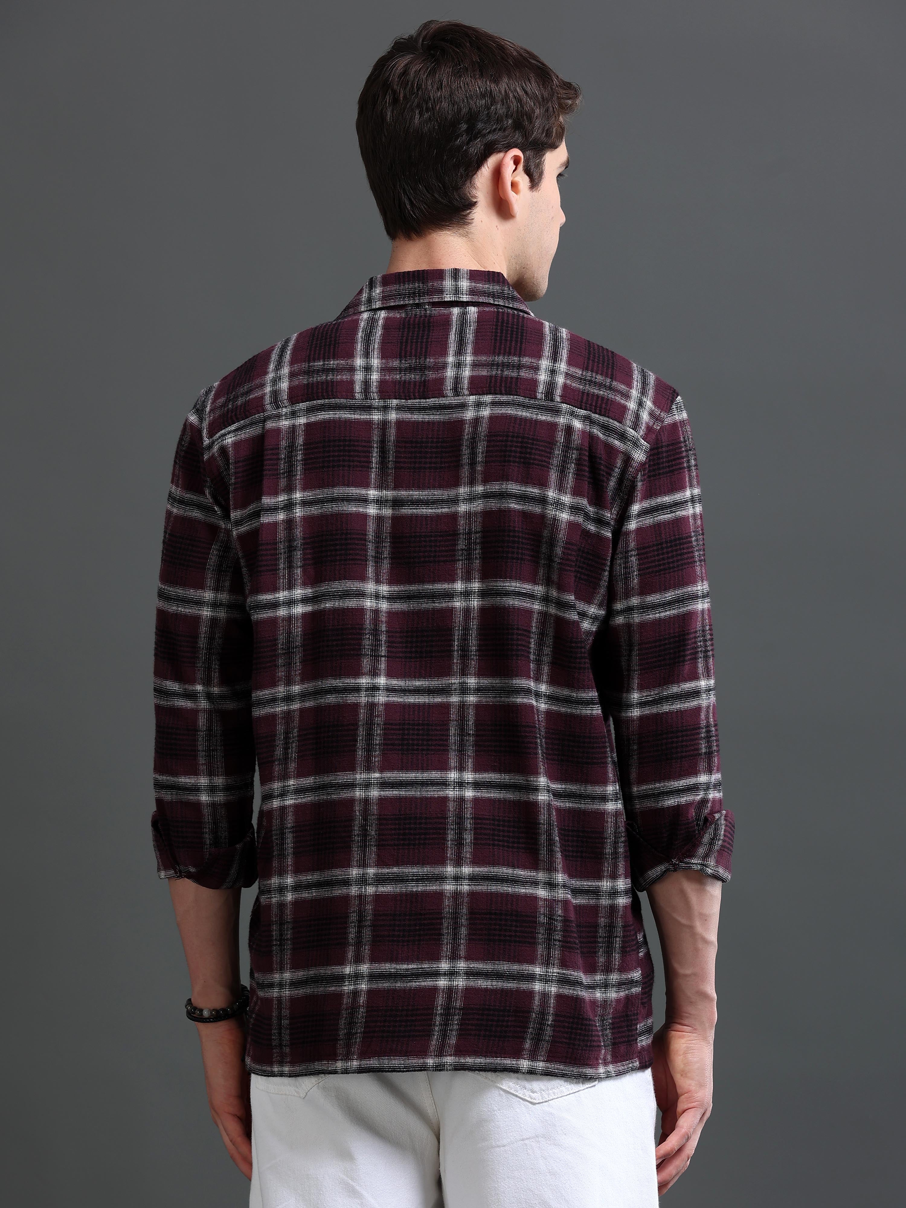 Men Burgundy Flannel Checked Shirt
