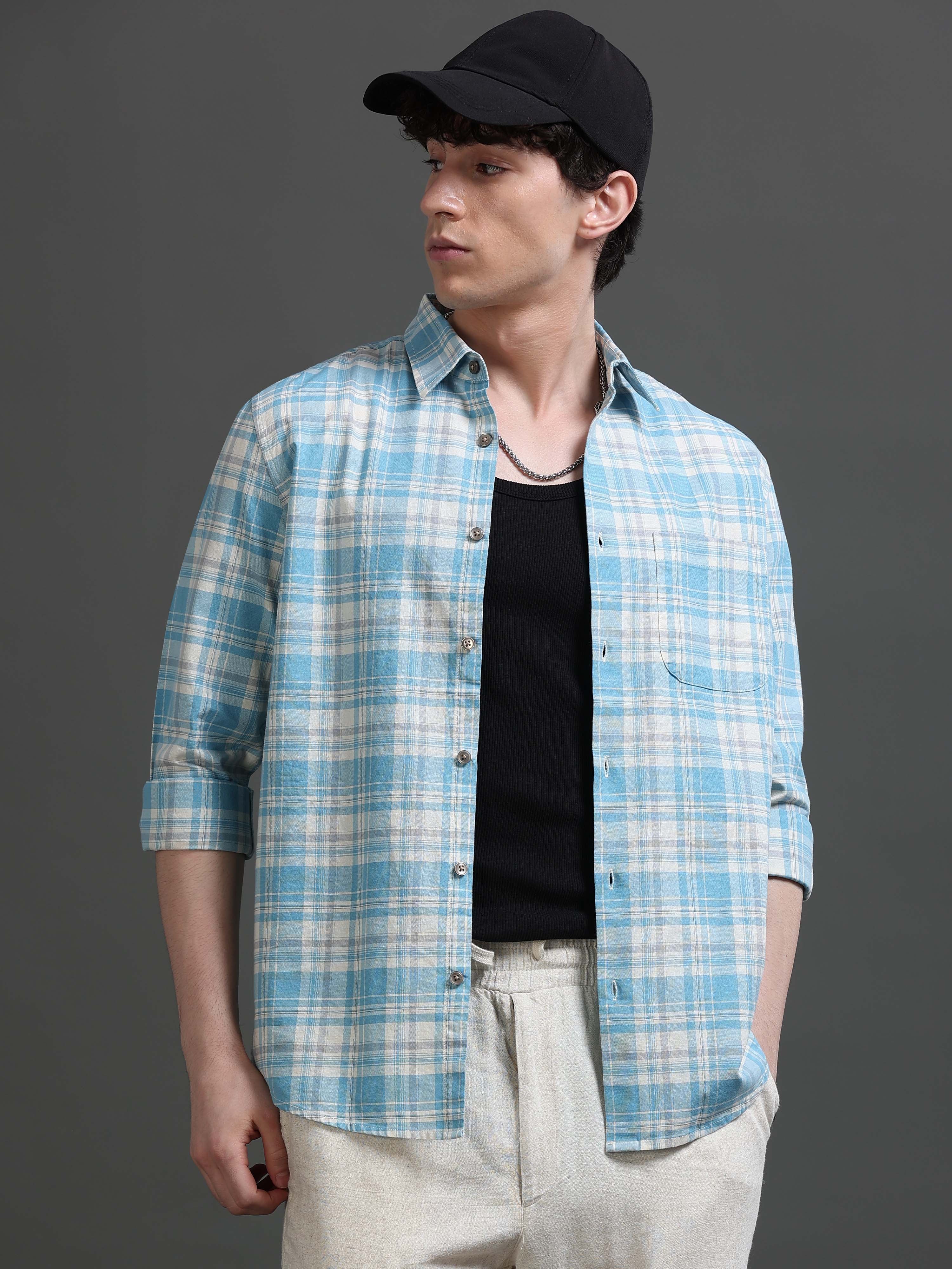 Men Blue Check Shirt