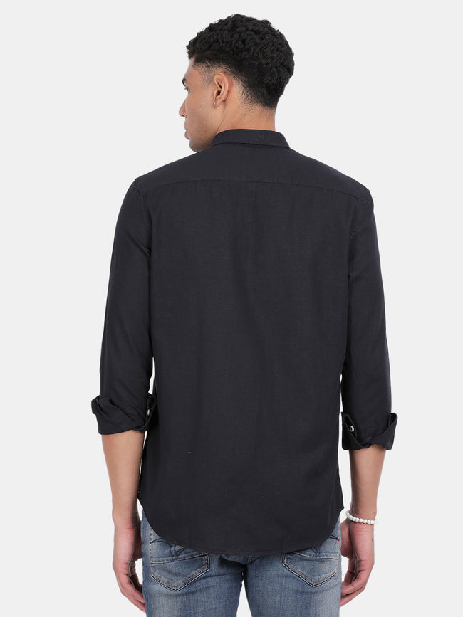 Men Navy Slim Fit Spread Collar Full Sleeve Casual Shirt