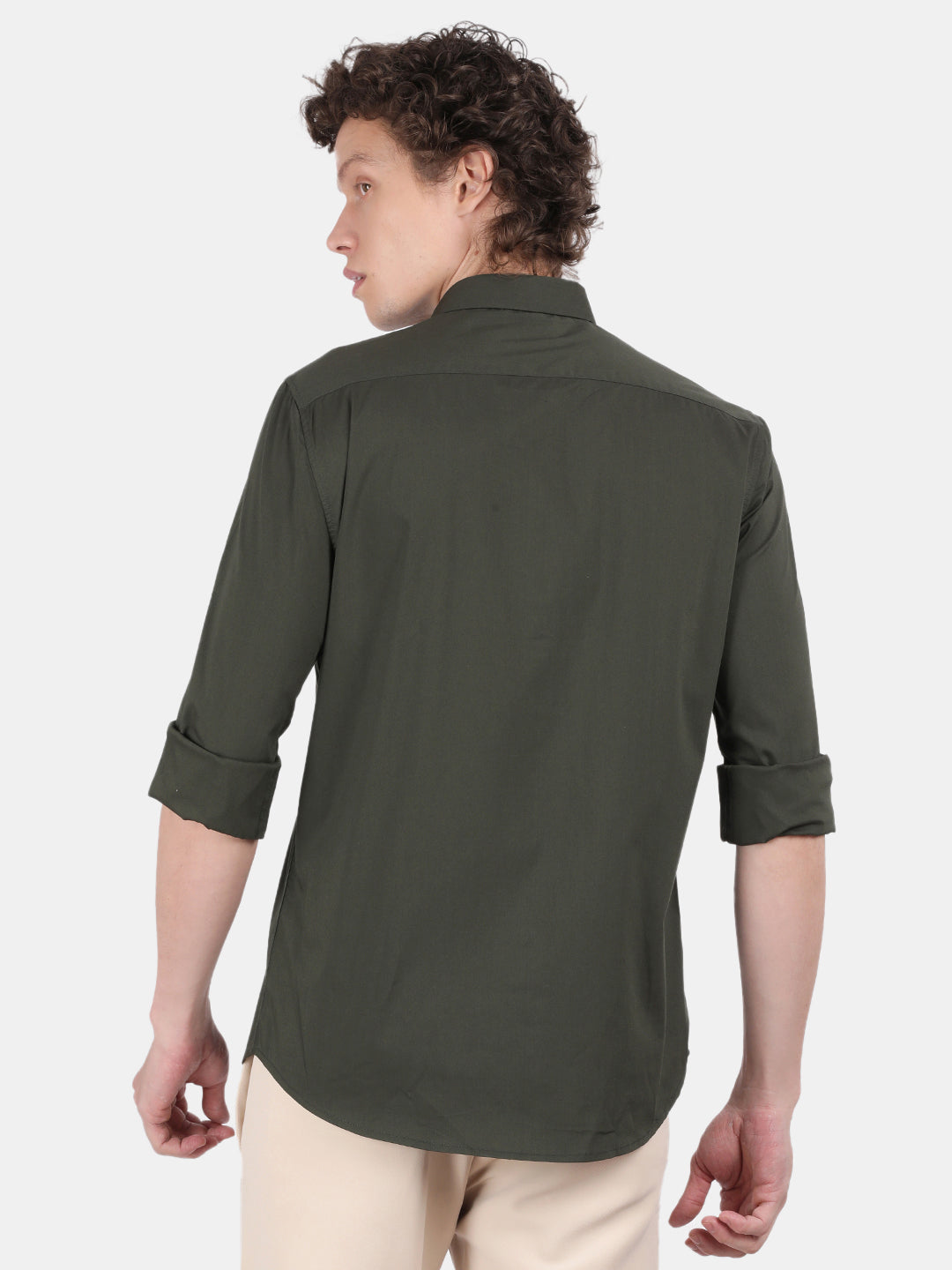 Men Dark Green Slim Fit Spread Collar Full Sleeve Casual Shirt