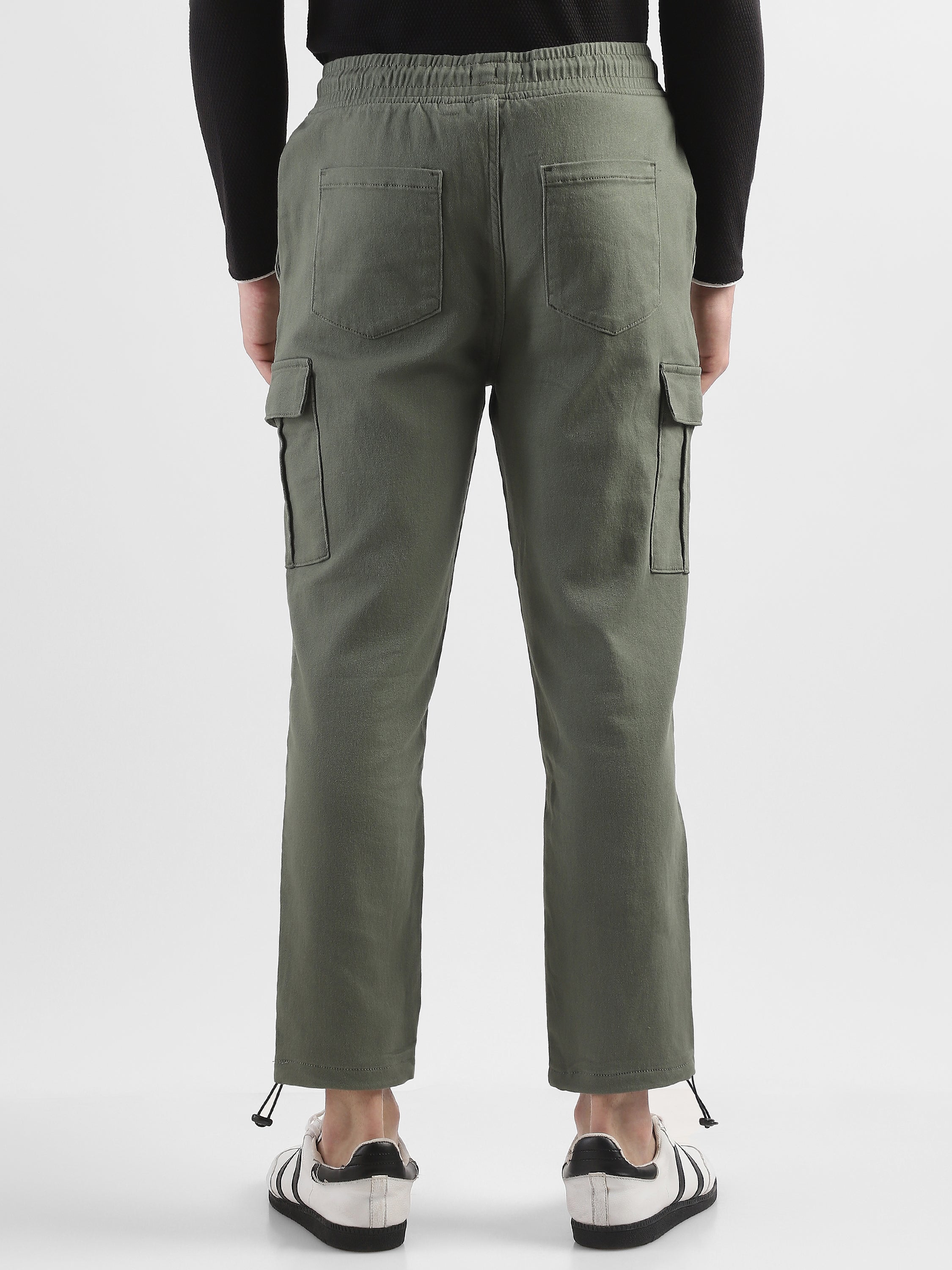 Men Olive Cotton Polyester Cargo Pants with Adjustable Bottom Hem