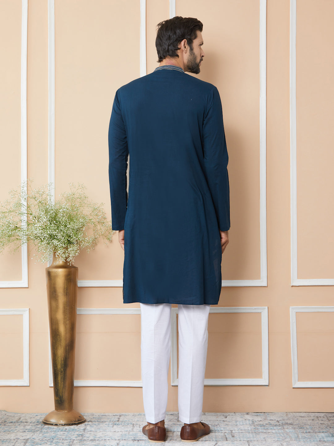 Men Dark Blue Thread & Sequin Worked Pure Cotton Straight Kurta
