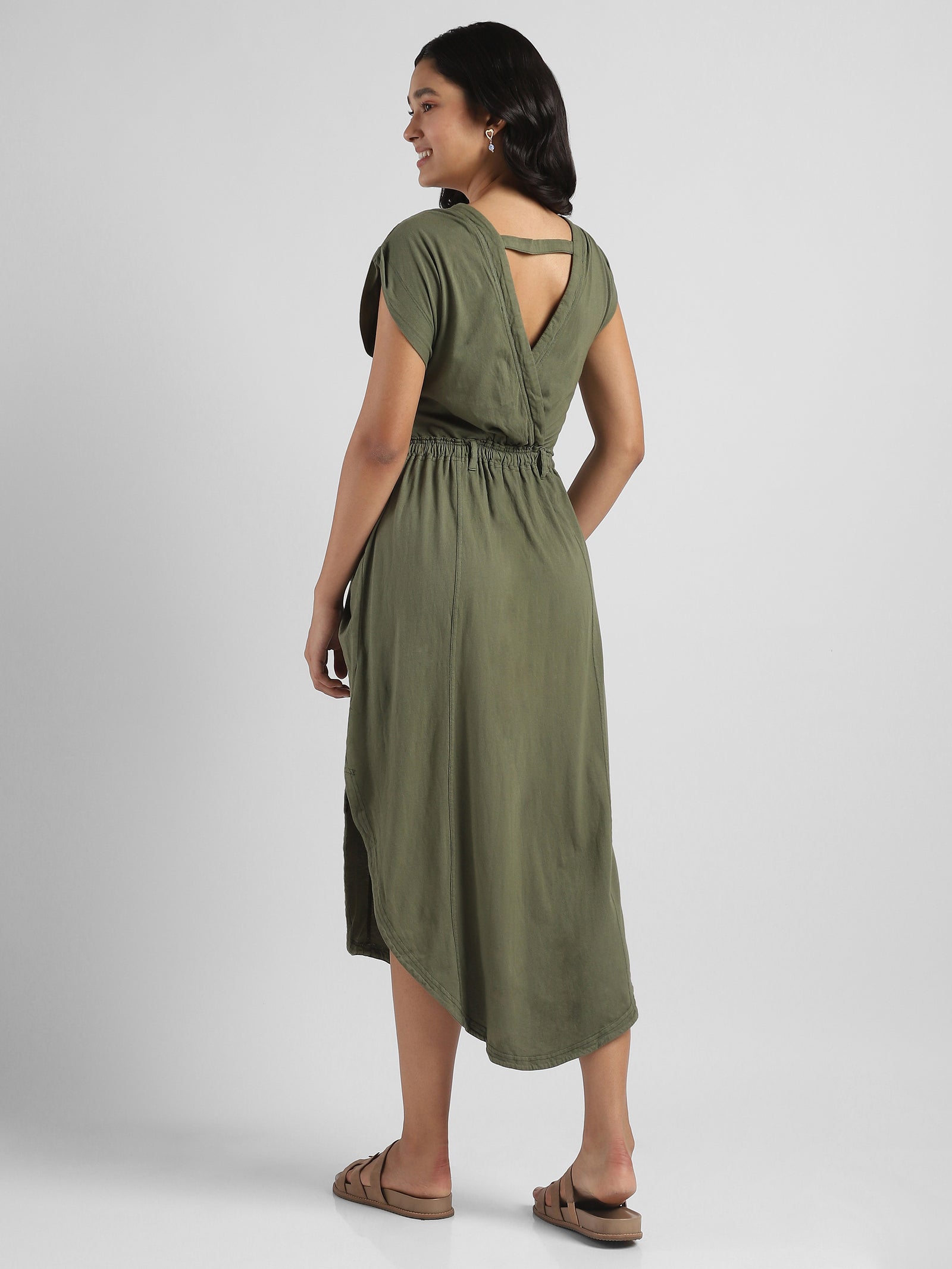 Women Olive Maxi Dress with Side Slit