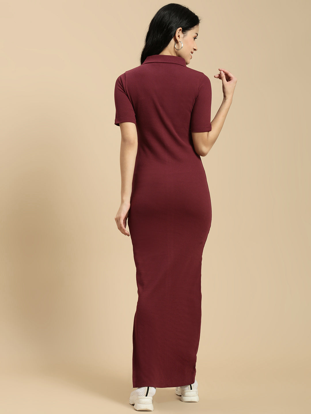 Women Burgundy Half Sleeve Dress
