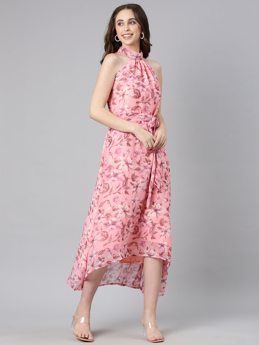 Women Peach Floral Chiffon Dress