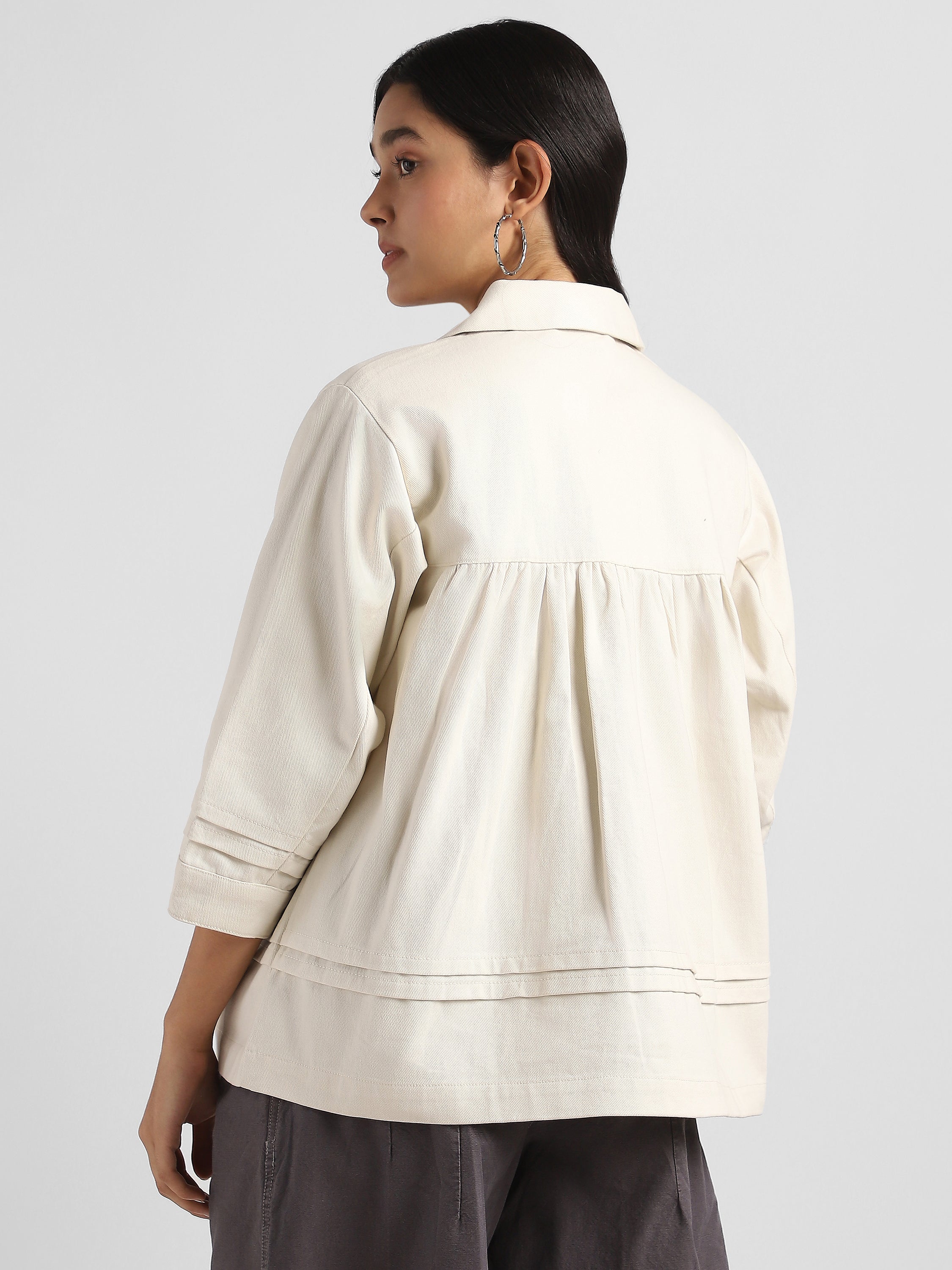 Women Beige Pleated Relaxed Jacket