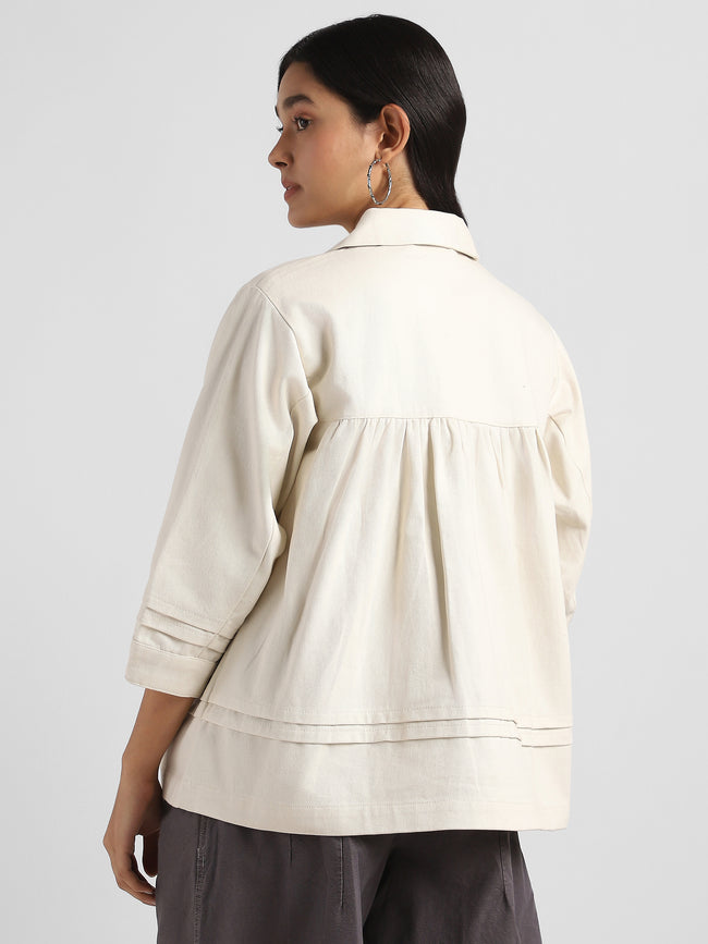 Women Beige Pleated Relaxed Jacket