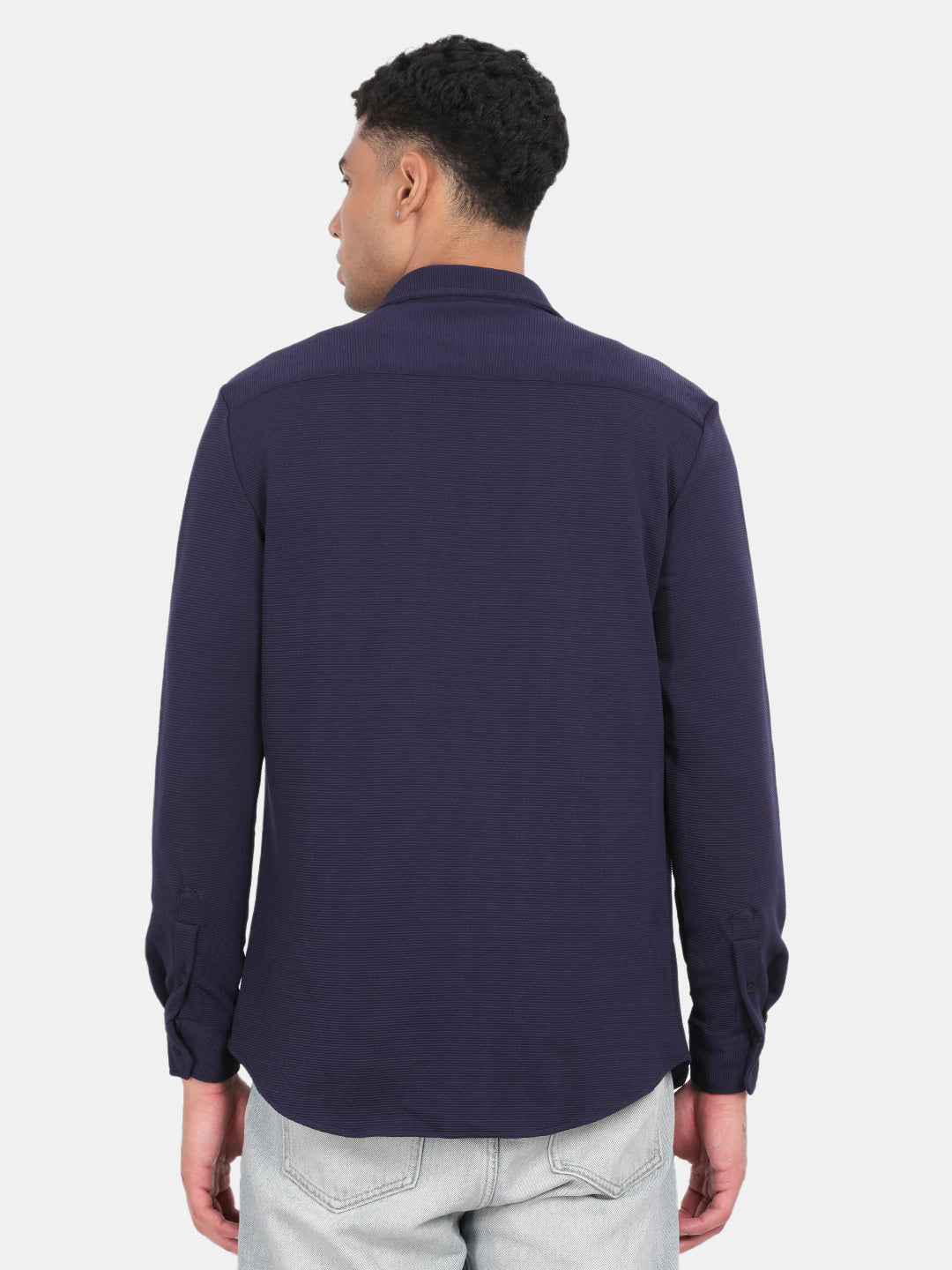 Men Navy Slim Fit Spread Collar Full Sleeve Casual Shirt