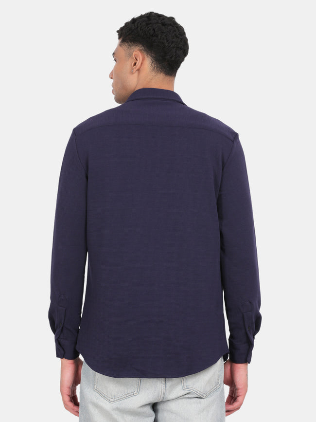 Men Navy Slim Fit Spread Collar Full Sleeve Casual Shirt