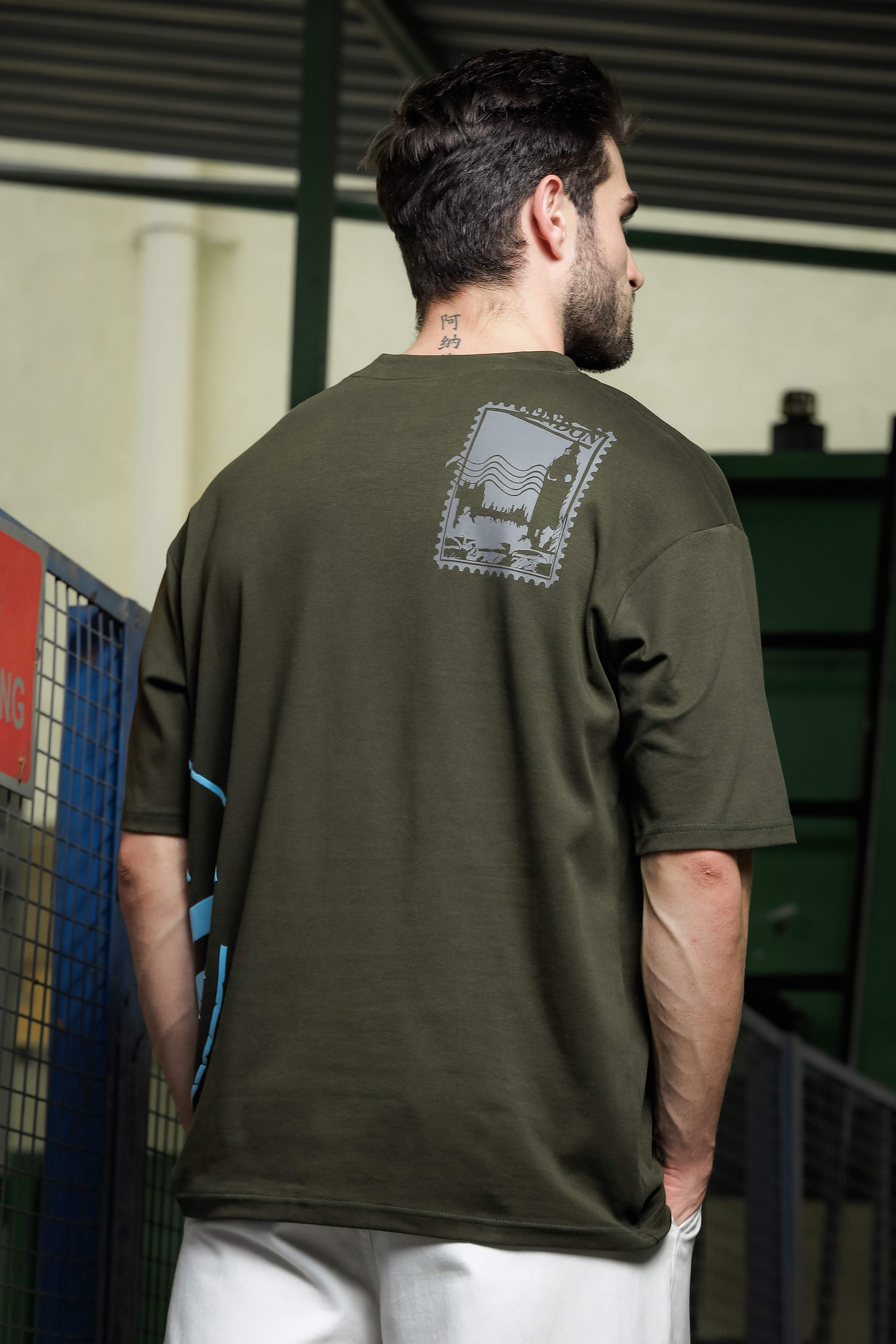 Unisex Olive Oversized Printed T-shirt